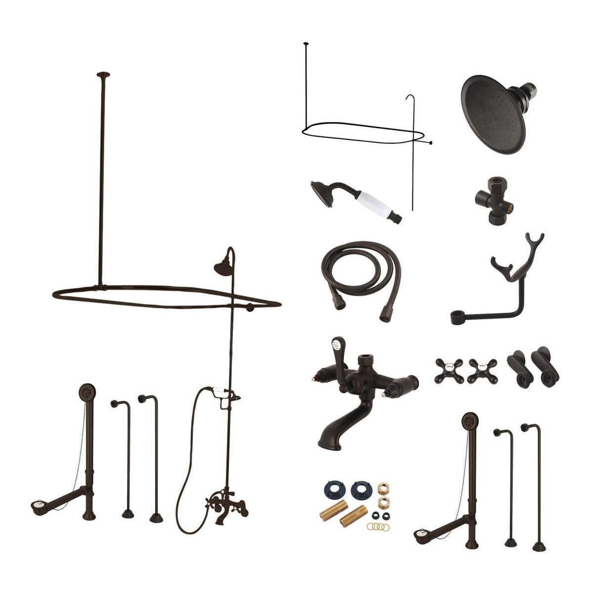 Vintage Tub Wall Mount Clawfoot Tub Faucet Package with Shower Enclosure and Hand Shower in Oil Rubbed Bronze
