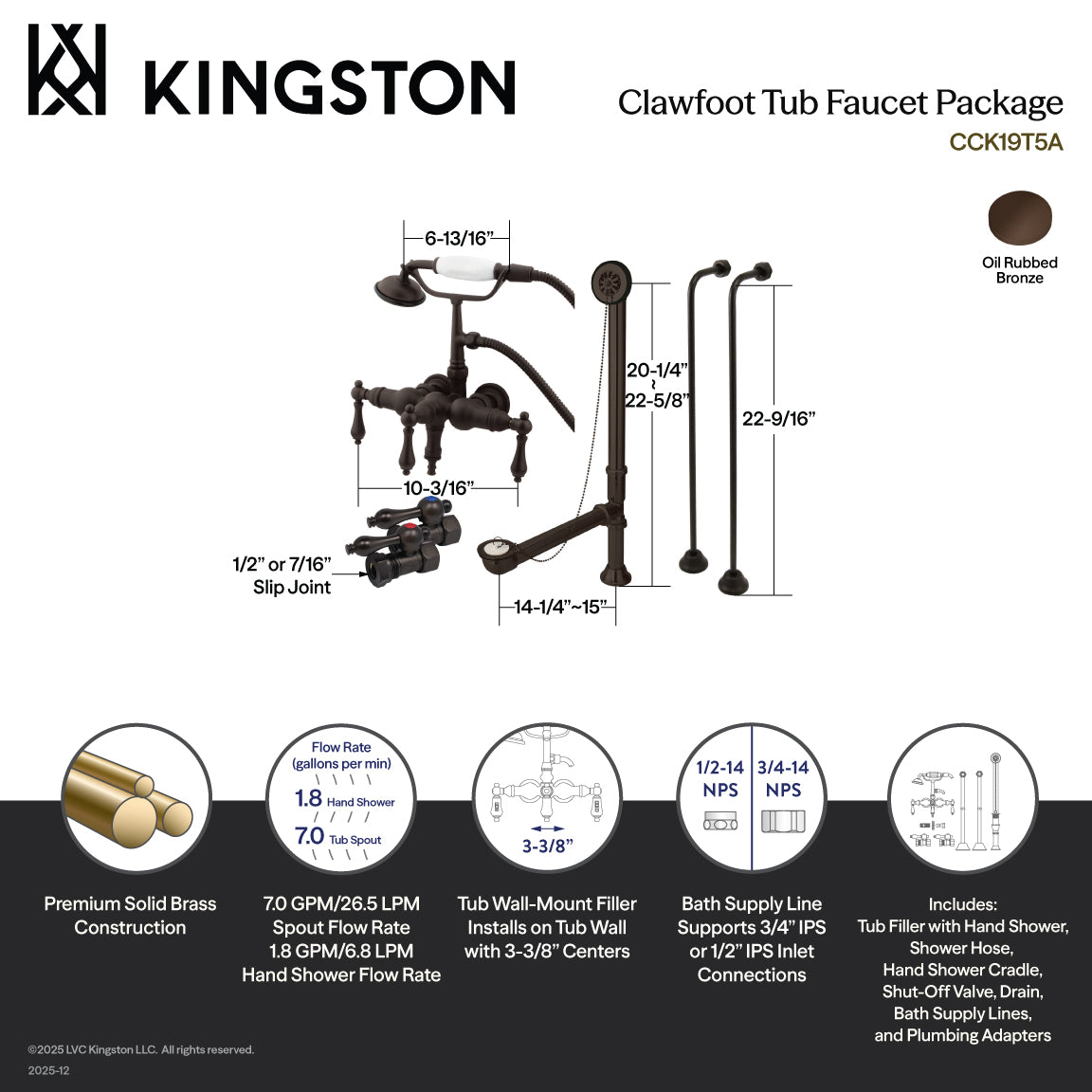 Vintage Wall Mount Clawfoot Tub Faucet Package with Supply Line, Hand Shower and Tub Drain in Oil Rubbed Bronze