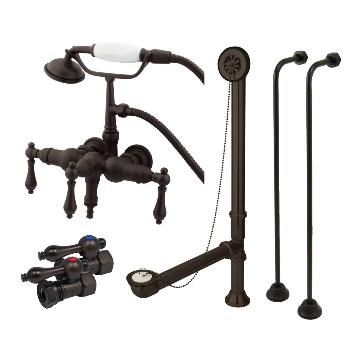 Vintage Wall Mount Clawfoot Tub Faucet Package with Supply Line, Hand Shower and Tub Drain in Oil Rubbed Bronze