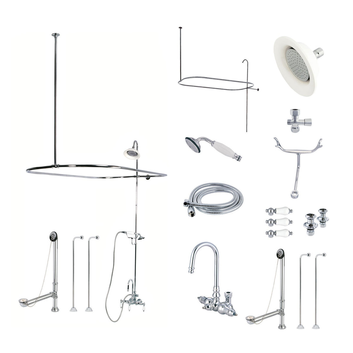 Vintage Tub Wall Mount High-Arc Gooseneck Clawfoot Tub Faucet Package with Supply Enclosure and Hand Shower in Polished Chrome