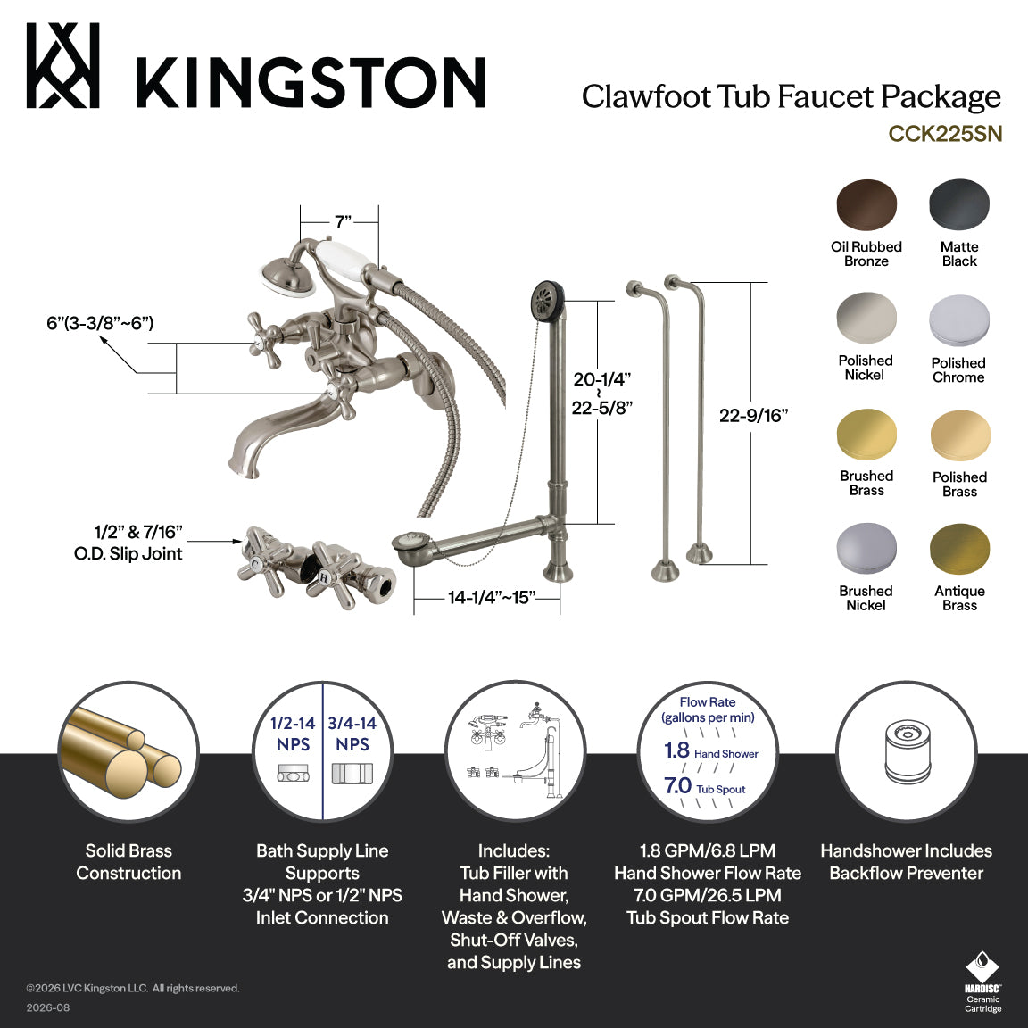 Vintage Tub Wall Mount Clawfoot Tub Faucet Package with Supply Line, Hand Shower and Tub Drain in Polished Chrome