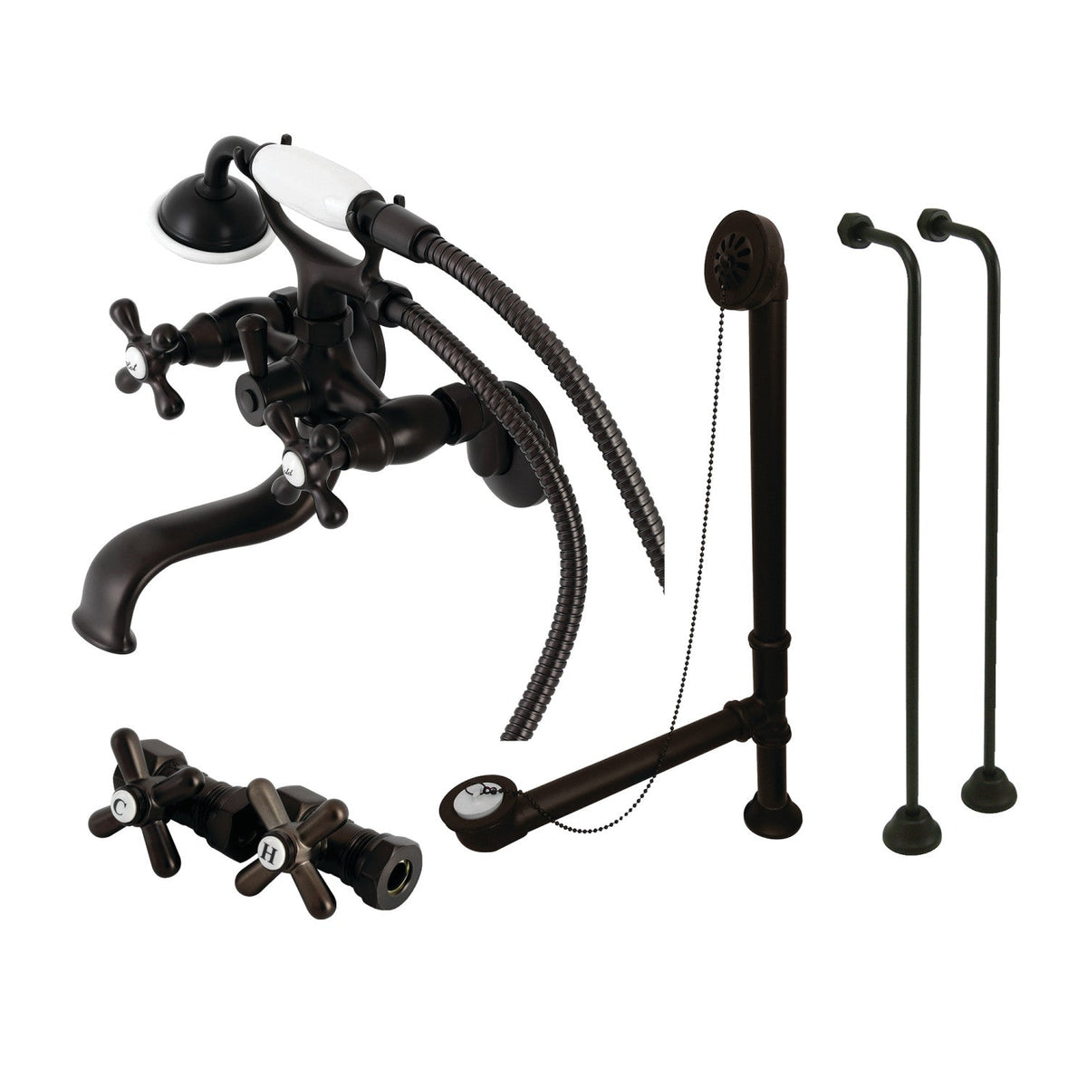 Vintage Tub Wall Mount Clawfoot Tub Faucet Package with Supply Line, Hand Shower and Tub Drain in Oil Rubbed Bronze