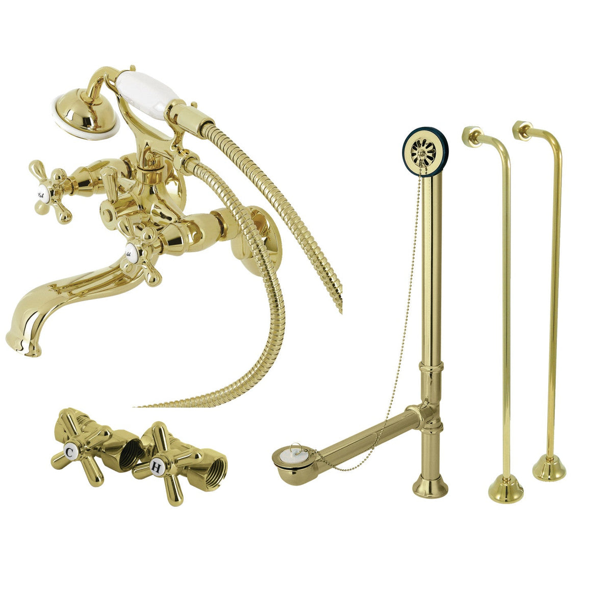 Vintage Tub Wall Mount Clawfoot Tub Faucet Package with Supply Line, Hand Shower and Tub Drain in Polished Brass
