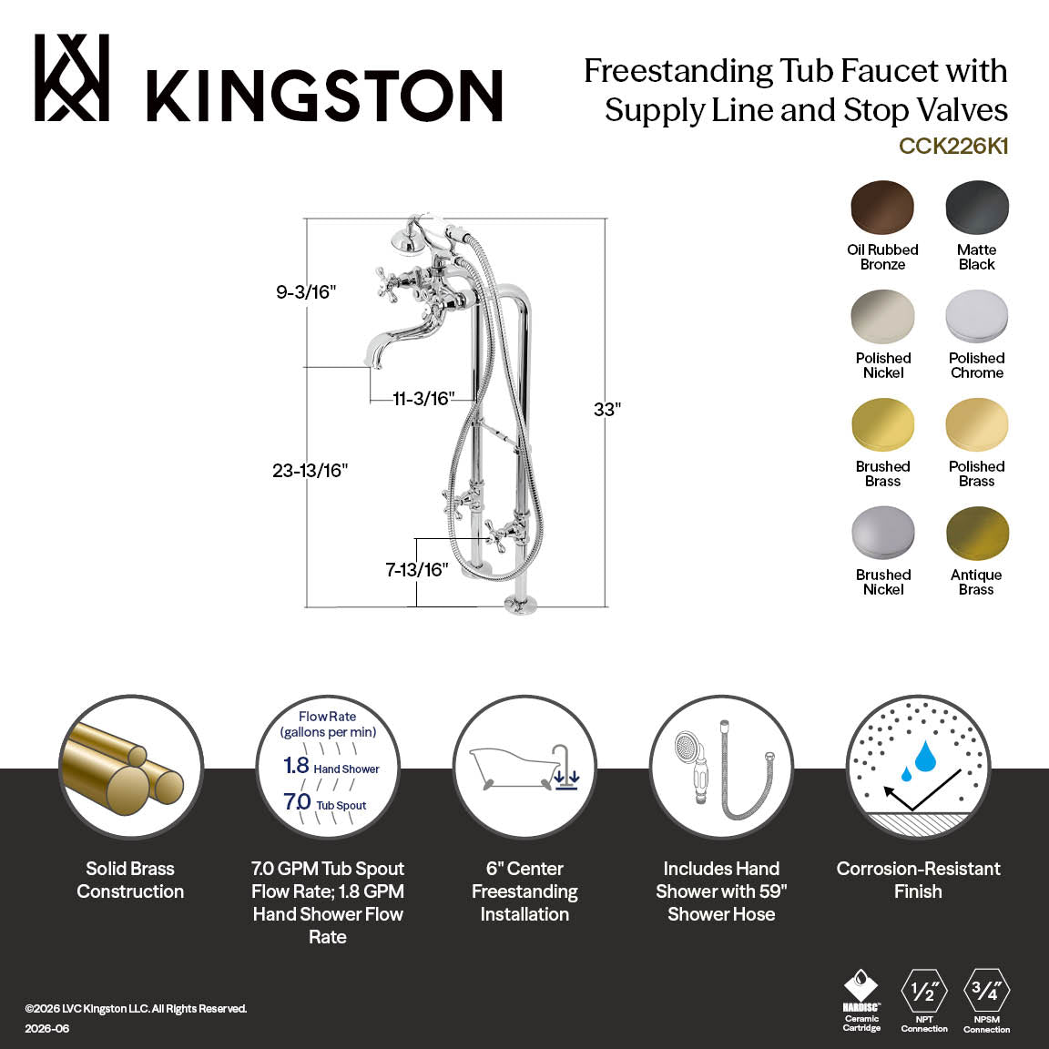 Kingston Freestanding Clawfoot Tub Faucet Package with Supply Line in Antique Brass