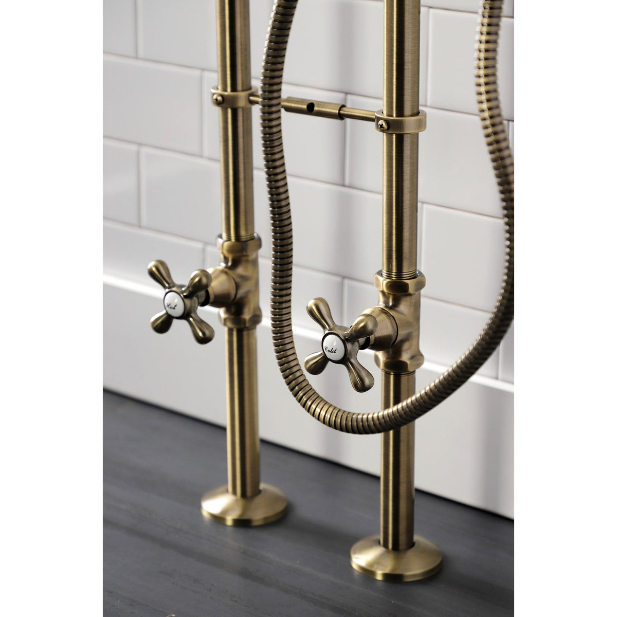 Kingston Freestanding Clawfoot Tub Faucet Package with Supply Line in Antique Brass
