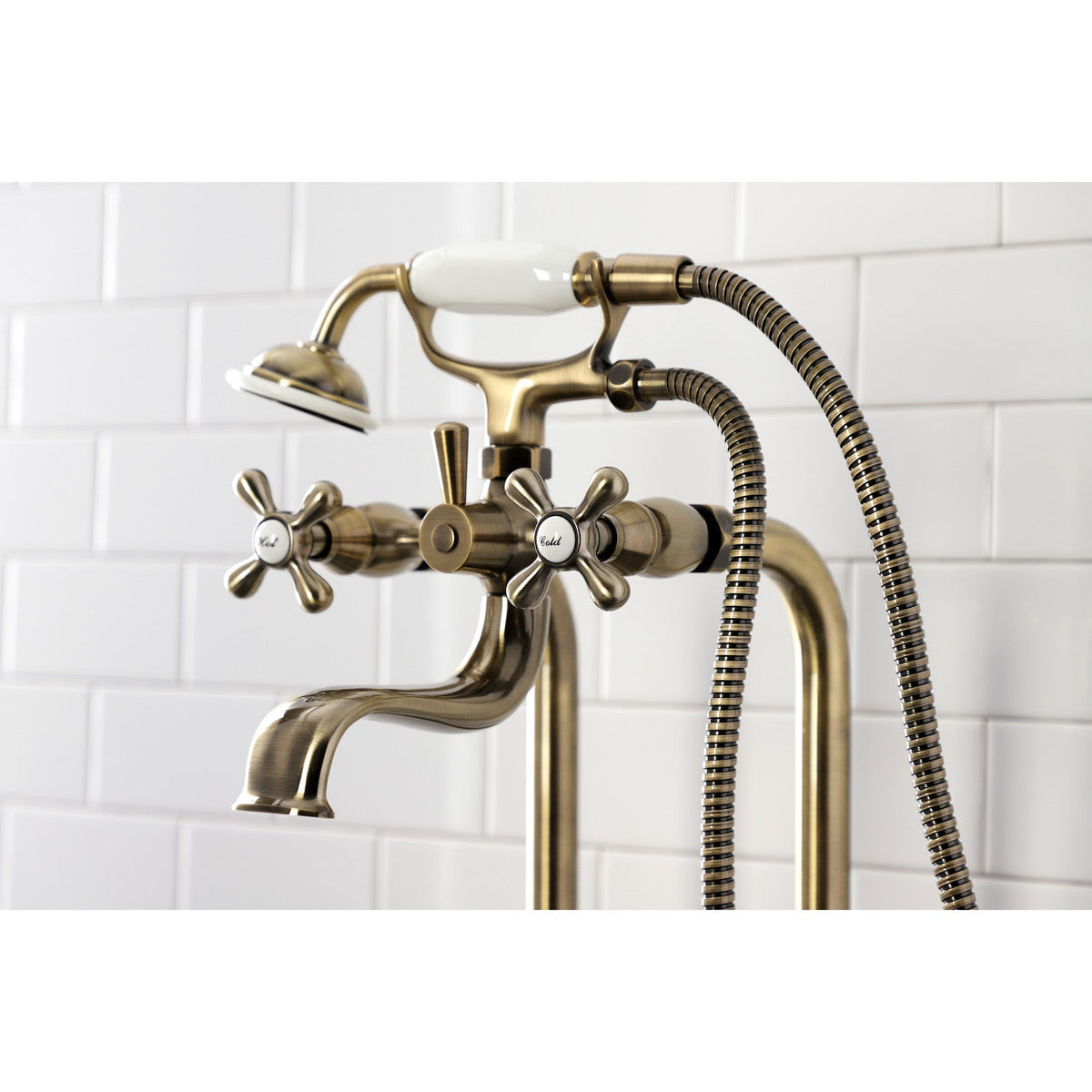 Kingston Freestanding Clawfoot Tub Faucet Package with Supply Line in Antique Brass