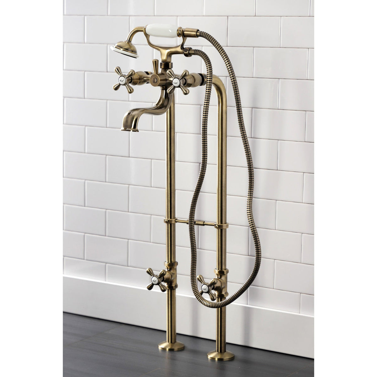 Kingston Freestanding Clawfoot Tub Faucet Package with Supply Line in Antique Brass