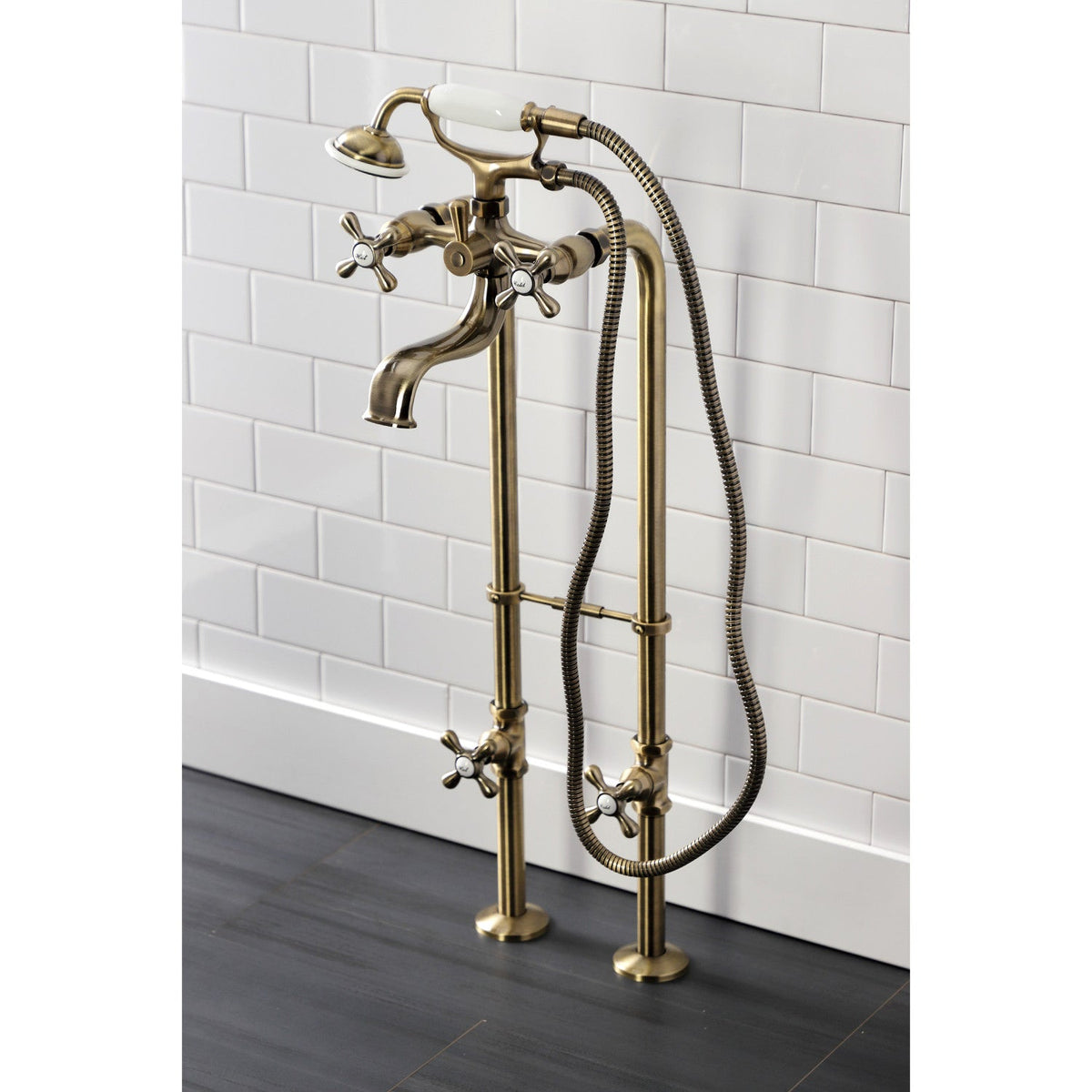 Kingston Freestanding Clawfoot Tub Faucet Package with Supply Line in Antique Brass