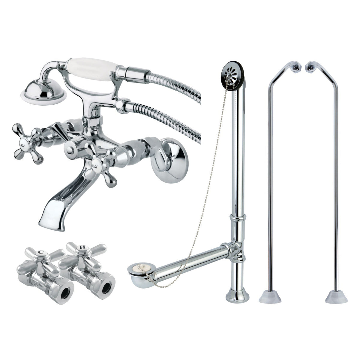 Vintage Wall Mount Clawfoot Tub Faucet Package with Supply Line, Hand Shower and Tub Drain in Polished Chrome
