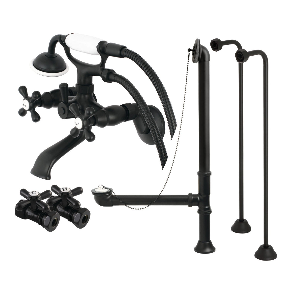 Vintage Wall Mount Clawfoot Tub Faucet Package with Supply Line, Hand Shower and Tub Drain in Matte Black