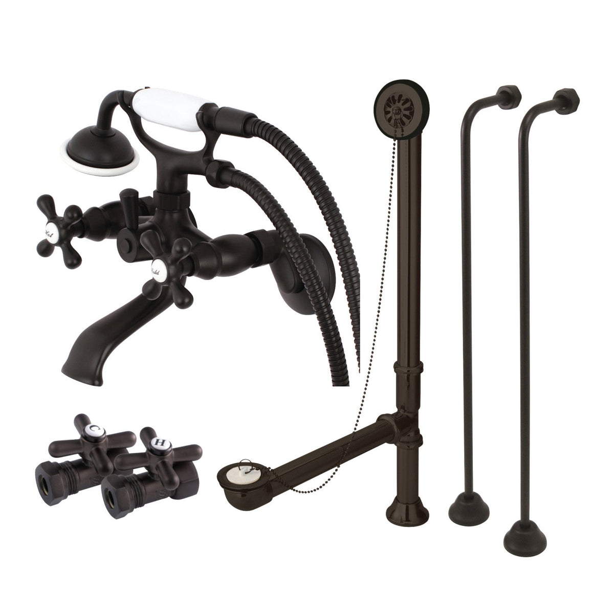Vintage Wall Mount Clawfoot Tub Faucet Package with Supply Line, Hand Shower and Tub Drain in Oil Rubbed Bronze