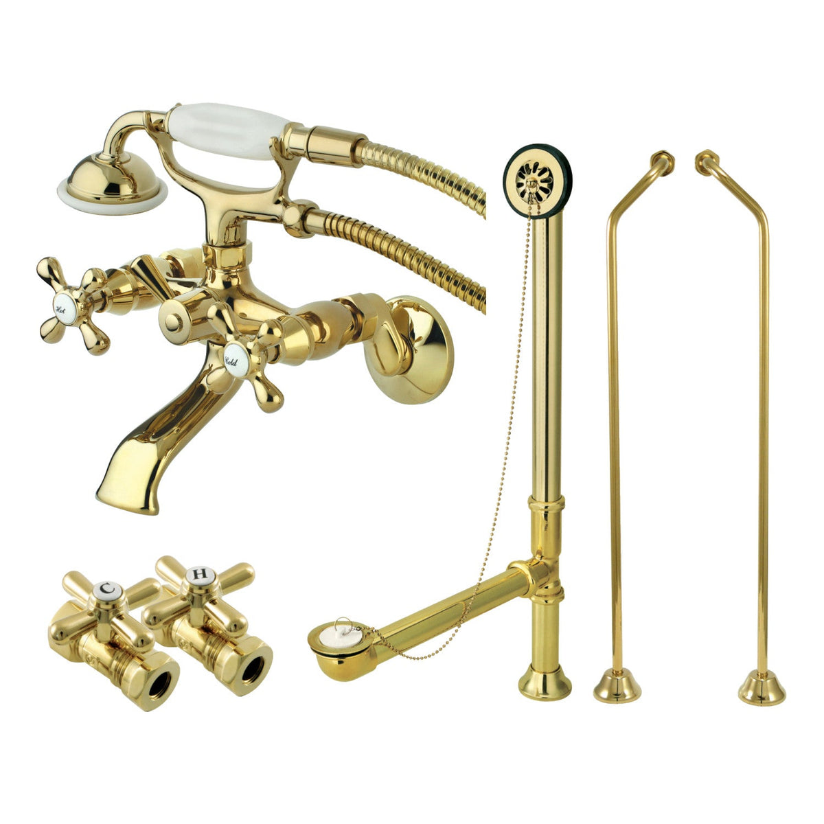 Vintage Wall Mount Clawfoot Tub Faucet Package with Supply Line, Hand Shower and Tub Drain in Polished Brass
