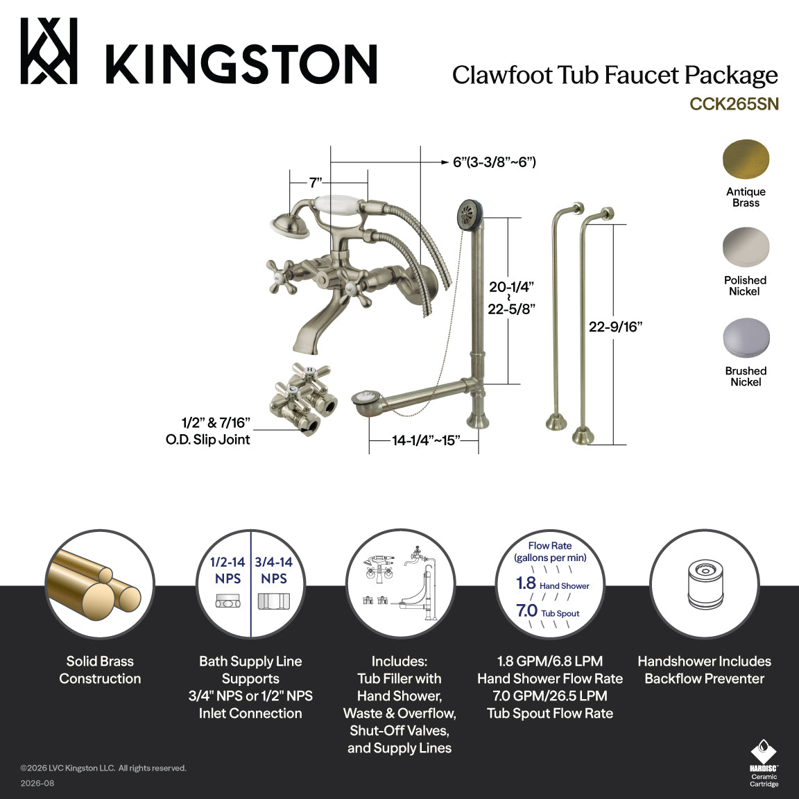 Vintage Wall Mount Clawfoot Tub Faucet Package with Supply Line, Hand Shower and Tub Drain in Polished Nickel