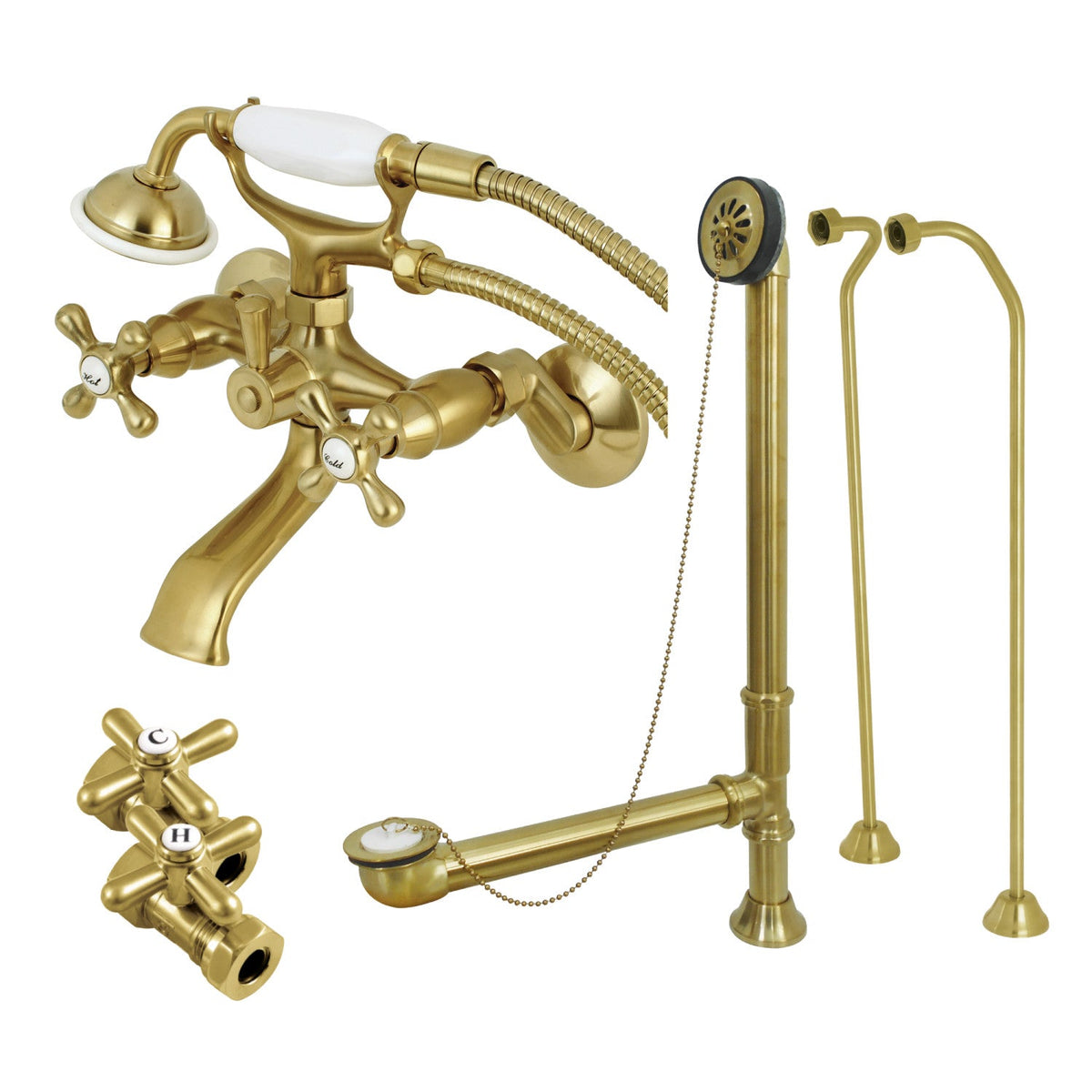 Vintage Wall Mount Clawfoot Tub Faucet Package with Supply Line, Hand Shower and Tub Drain in Brushed Brass
