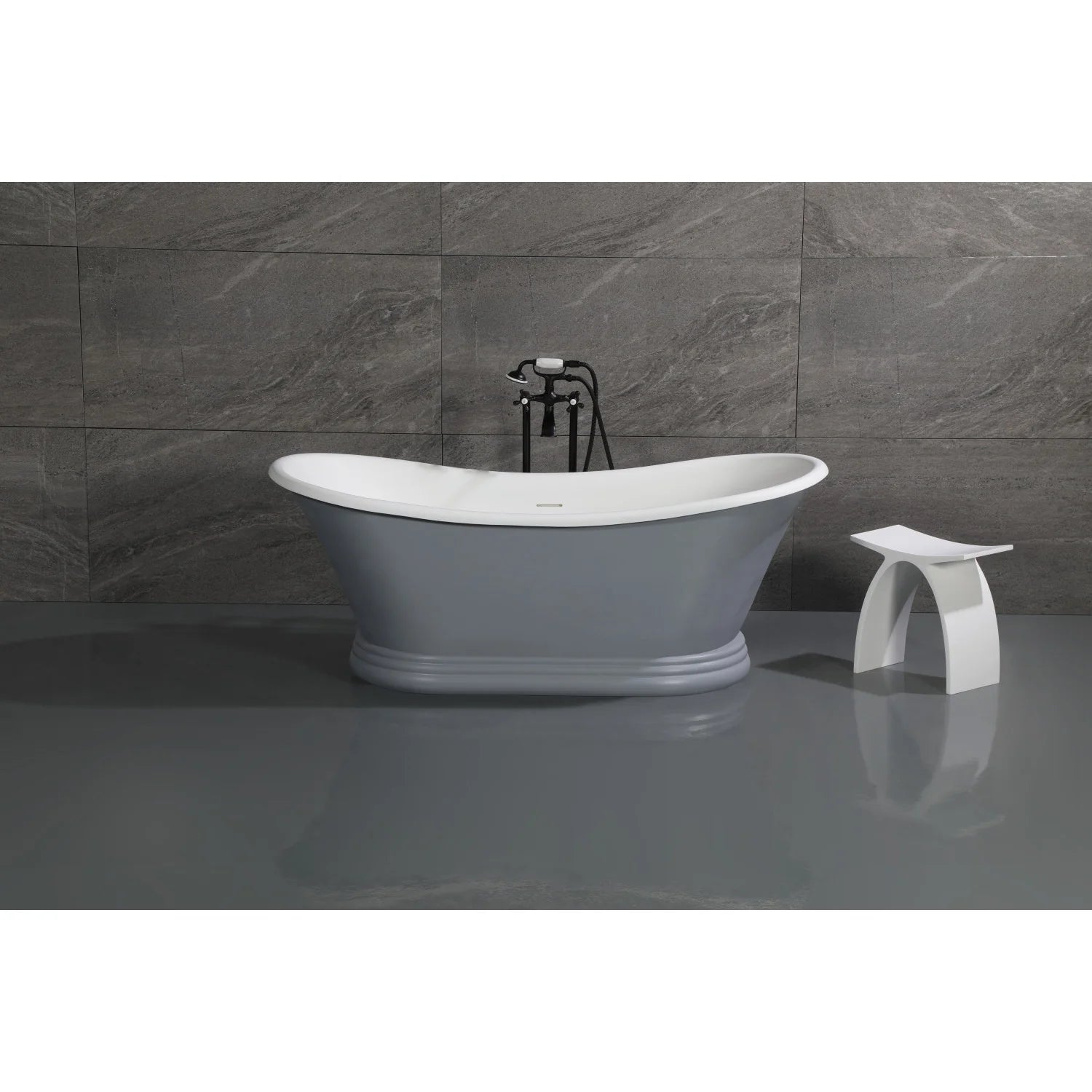 Freestanding matte black tub faucet with two handles and flexible supply lines on a white tub