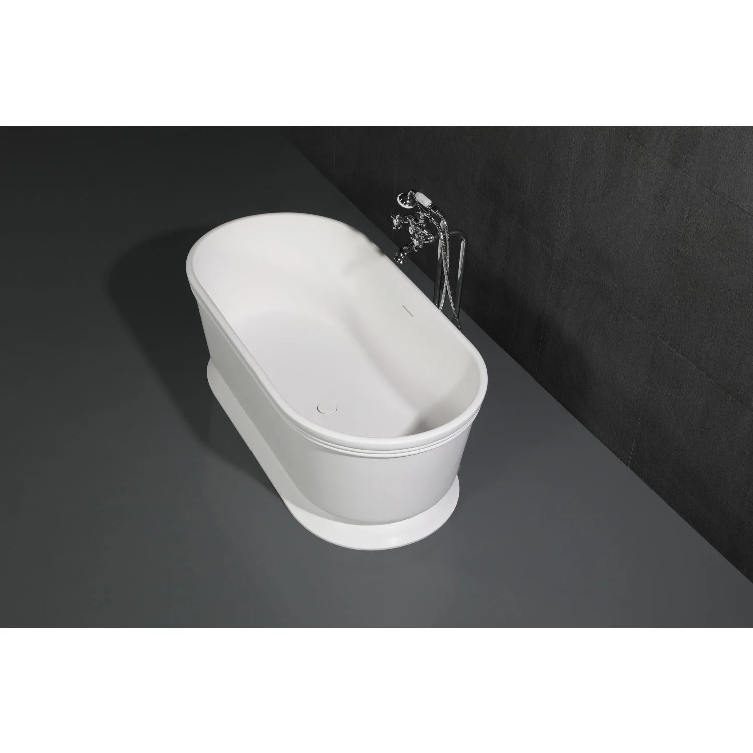 Polished chrome freestanding tub faucet with cross handles and braided supply lines