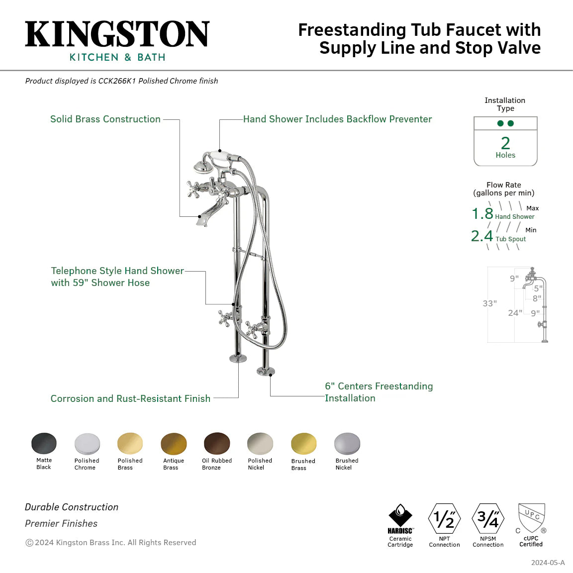 Freestanding tub faucet diagram with supply line, stop valve, and finish options