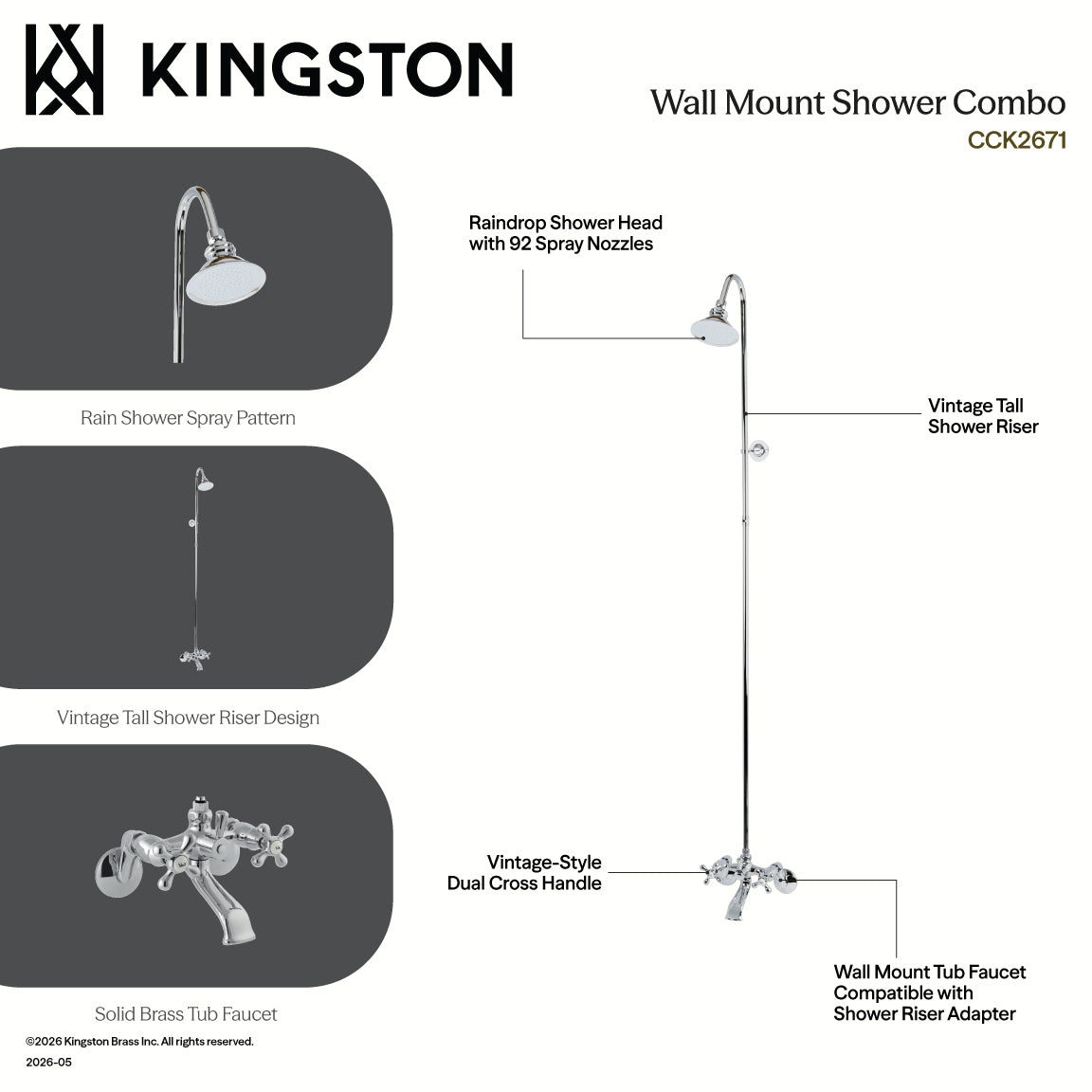 Vintage Two-Handle 2-Hole Wall Mount Clawfoot Tub Faucet Package with Shower Combo in Polished Brass