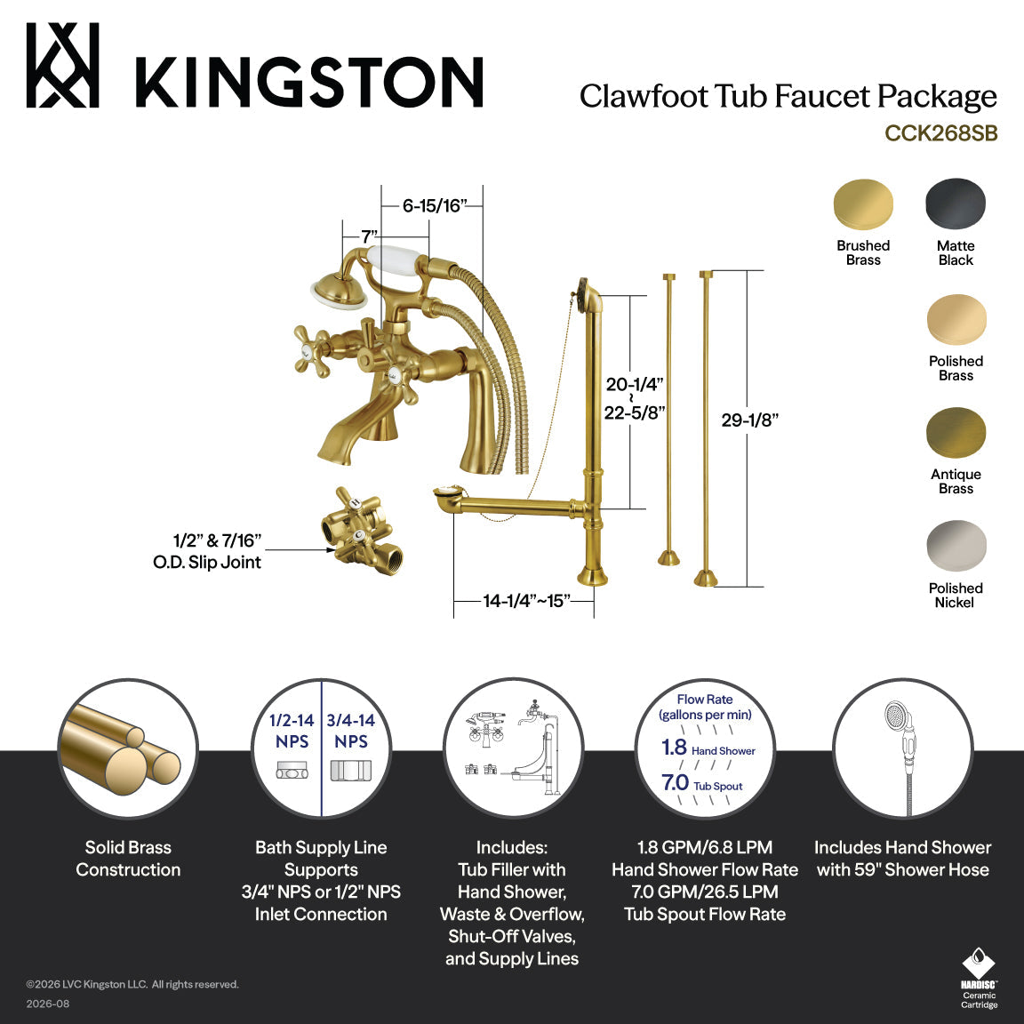 Vintage Deck Mount Clawfoot Tub Faucet Package with Supply Line, Hand Shower and Tub Drain in Polished Brass