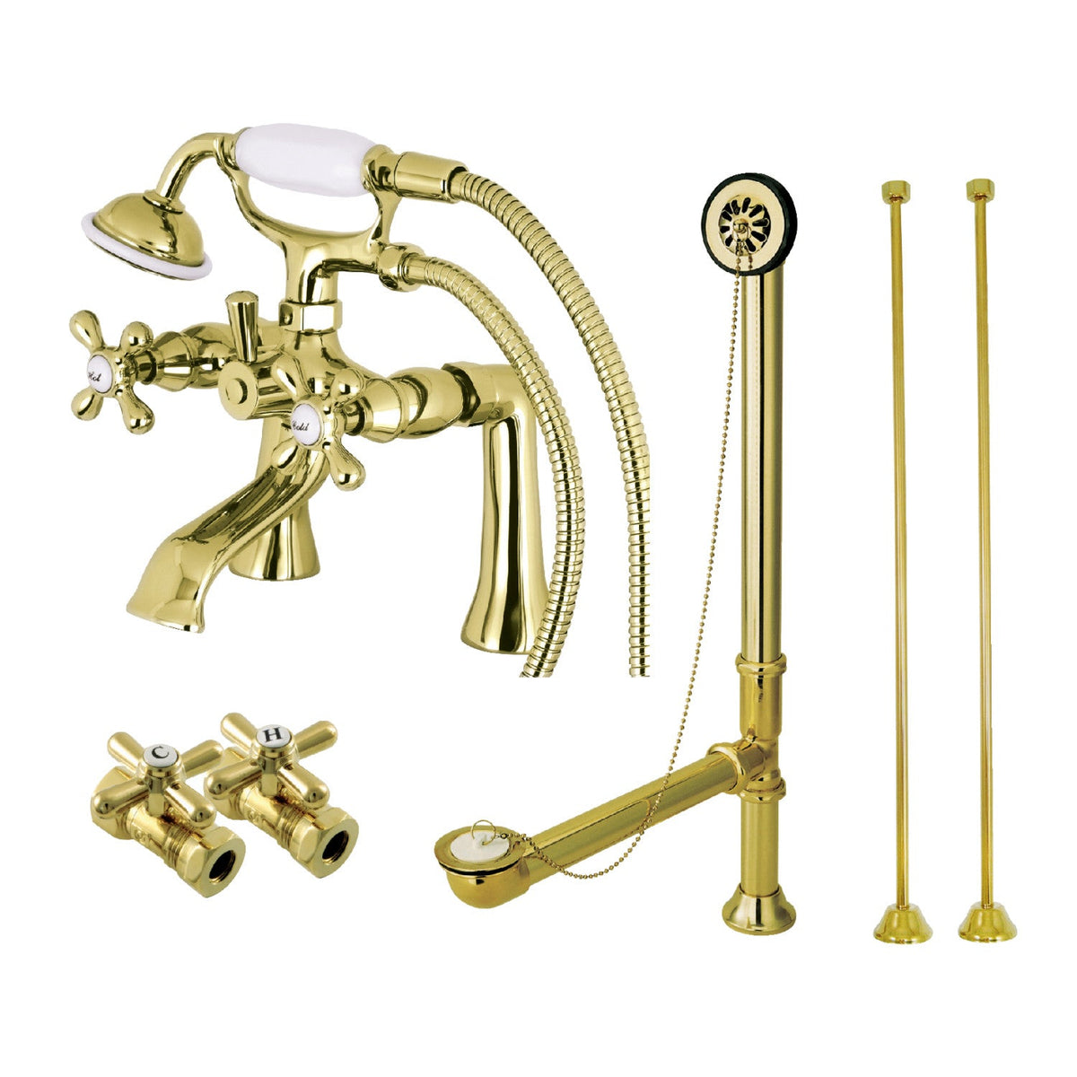 Vintage Deck Mount Clawfoot Tub Faucet Package with Supply Line, Hand Shower and Tub Drain in Polished Brass