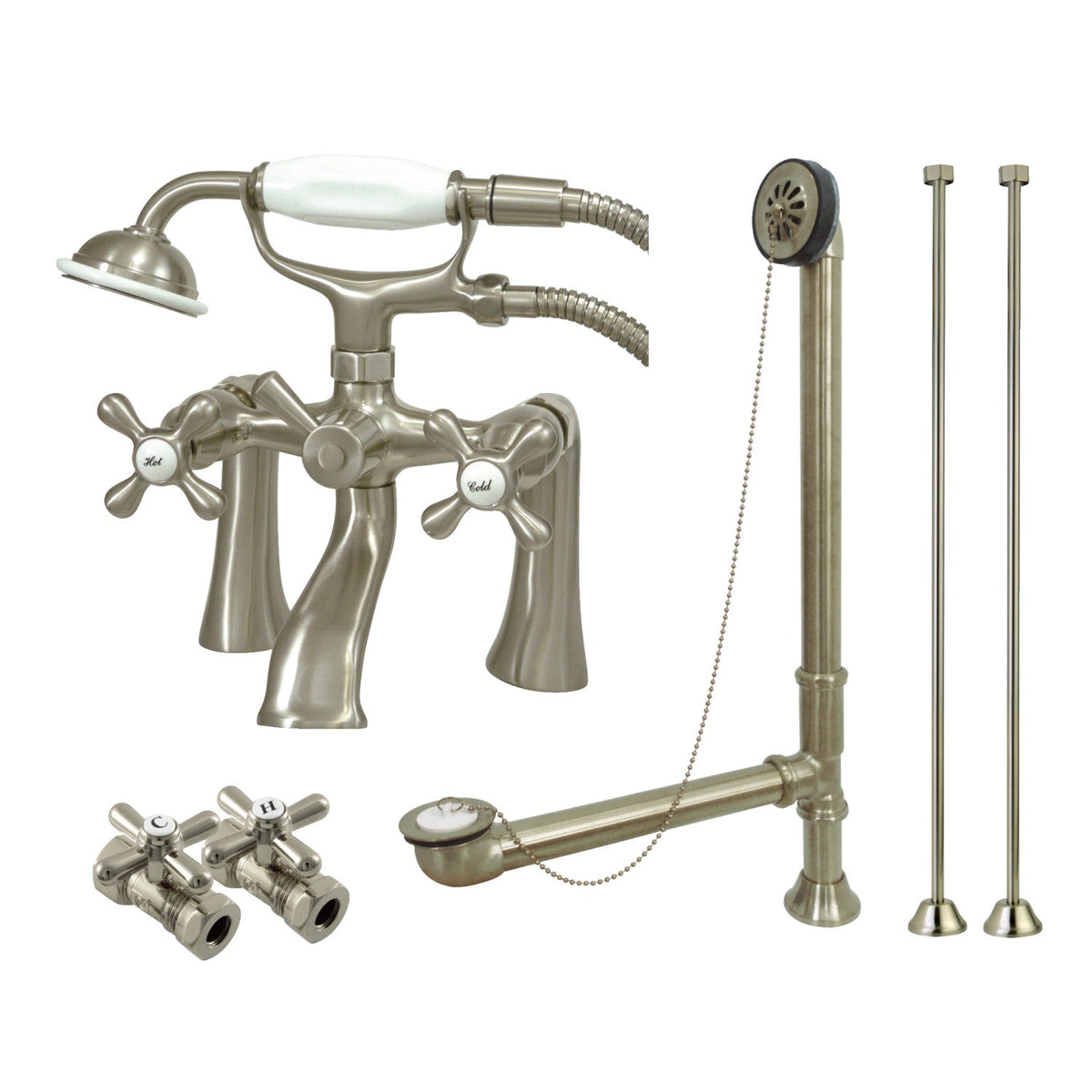 Vintage Deck Mount Clawfoot Tub Faucet Package with Supply Line, Hand Shower and Tub Drain in Brushed Nickel