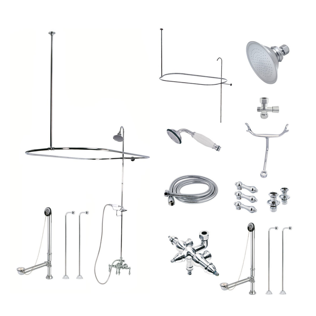 Vintage Tub Wall Mount Down Spout Clawfoot Tub Faucet Package with Shower Enclosure and Hand Shower in Polished Chrome