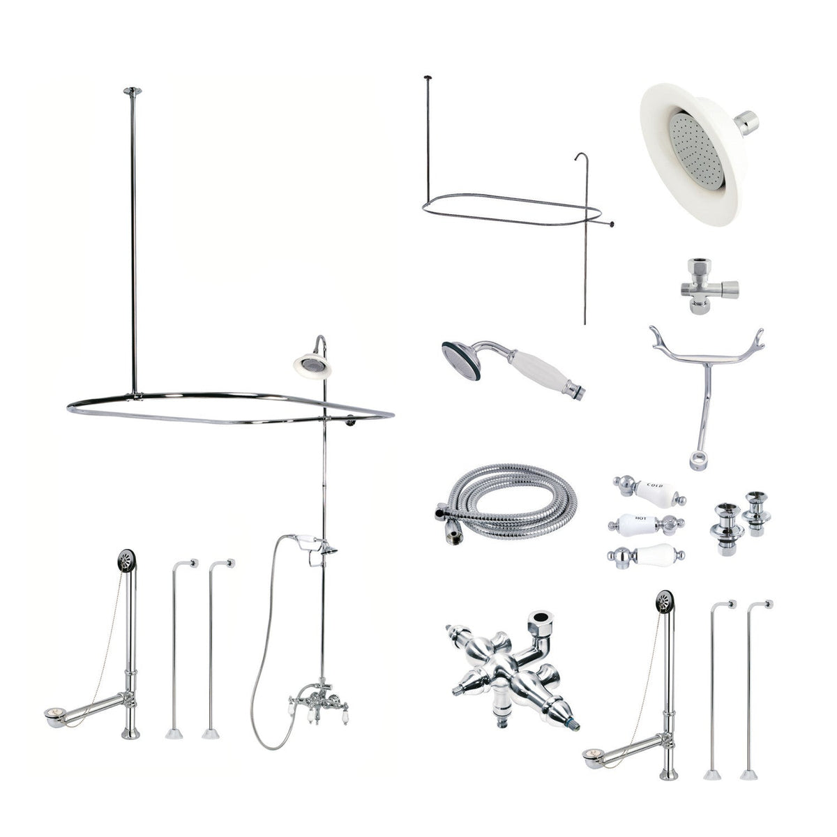 Vintage Tub Wall Mount Clawfoot Tub Faucet Package with Shower Enclosure and Hand Shower in Polished Chrome