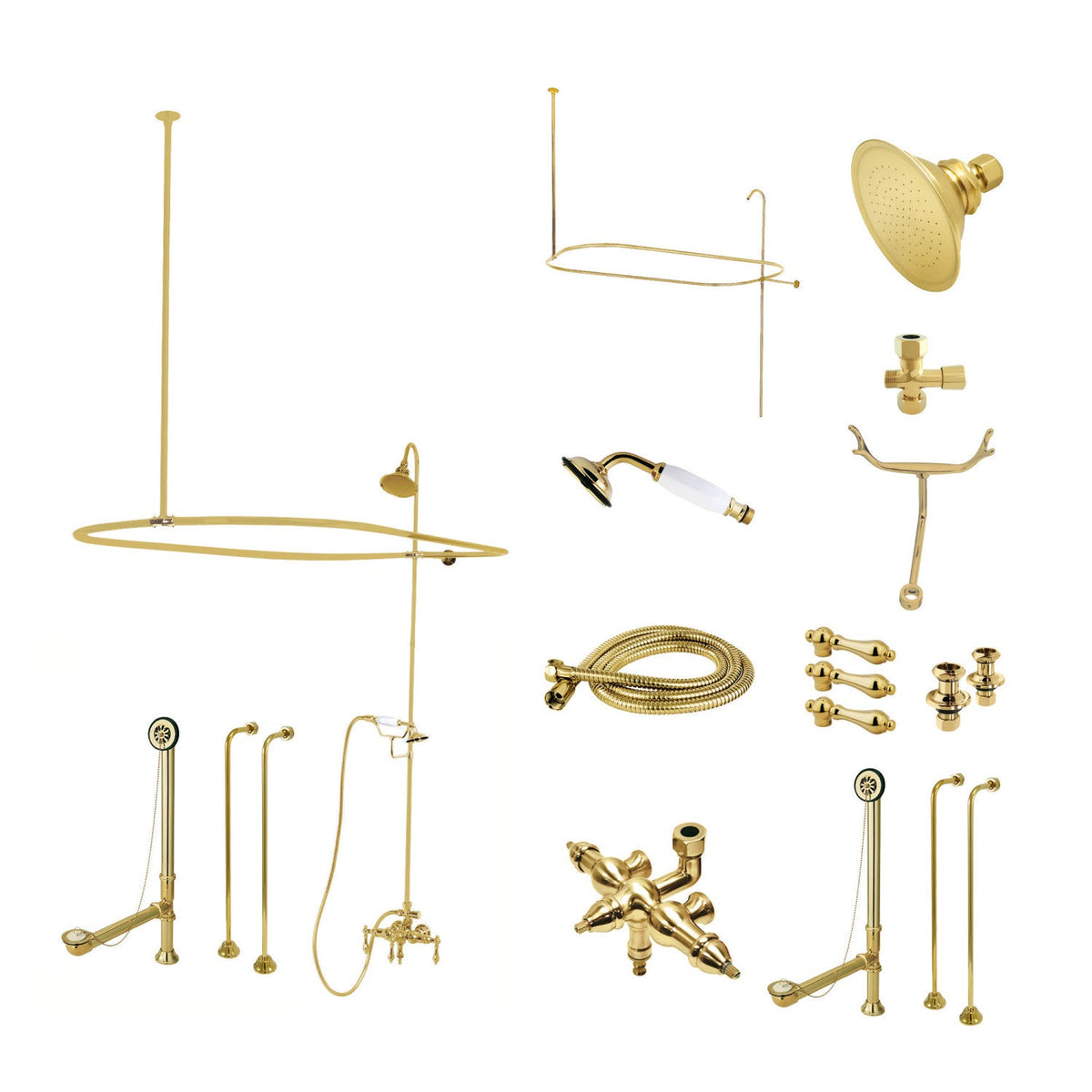 Vintage Tub Wall Mount Down Spout Clawfoot Tub Faucet Package with Shower Enclosure and Hand Shower in Polished Brass