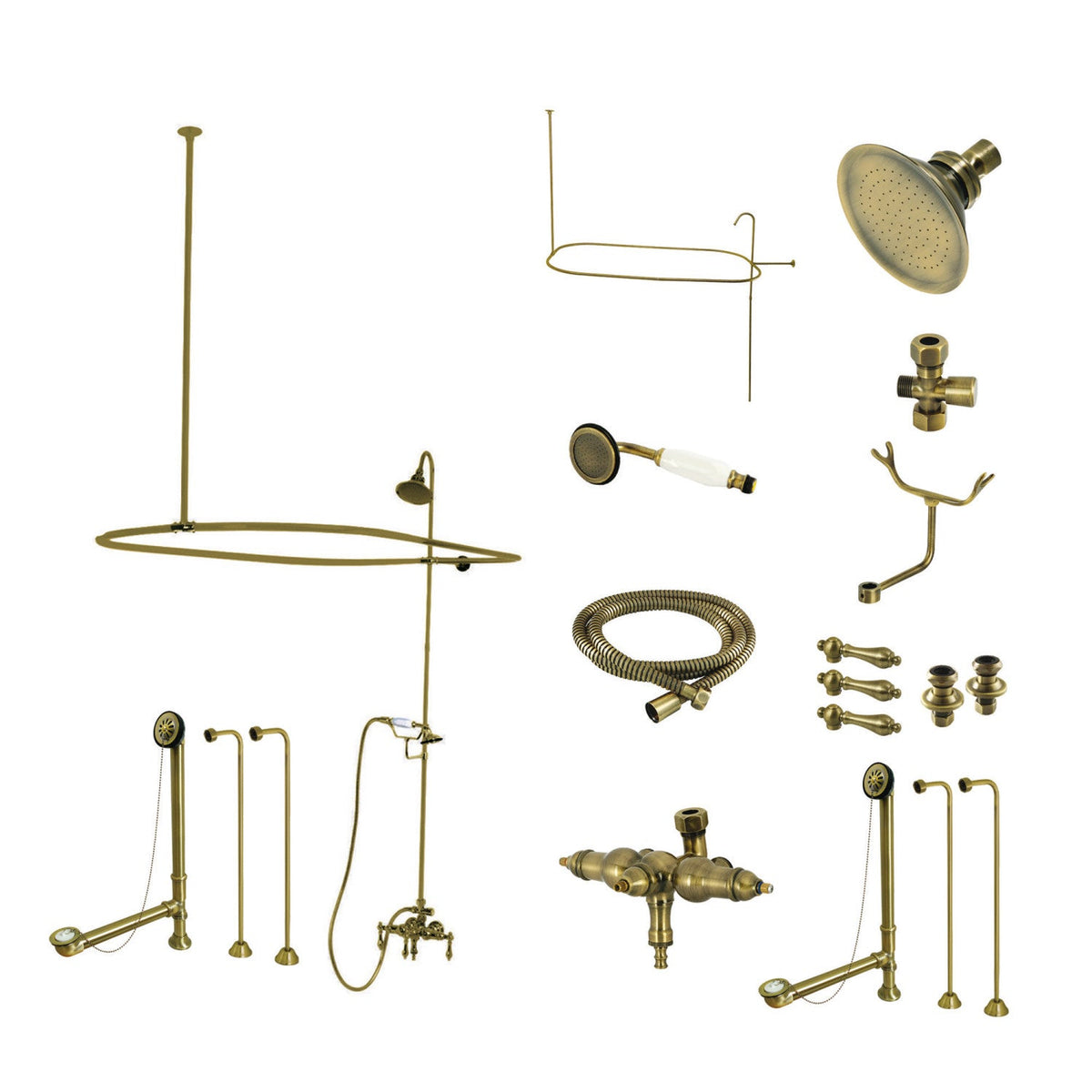 Vintage Tub Wall Mount Down Spout Clawfoot Tub Faucet Package with Shower Enclosure and Hand Shower in Antique Brass