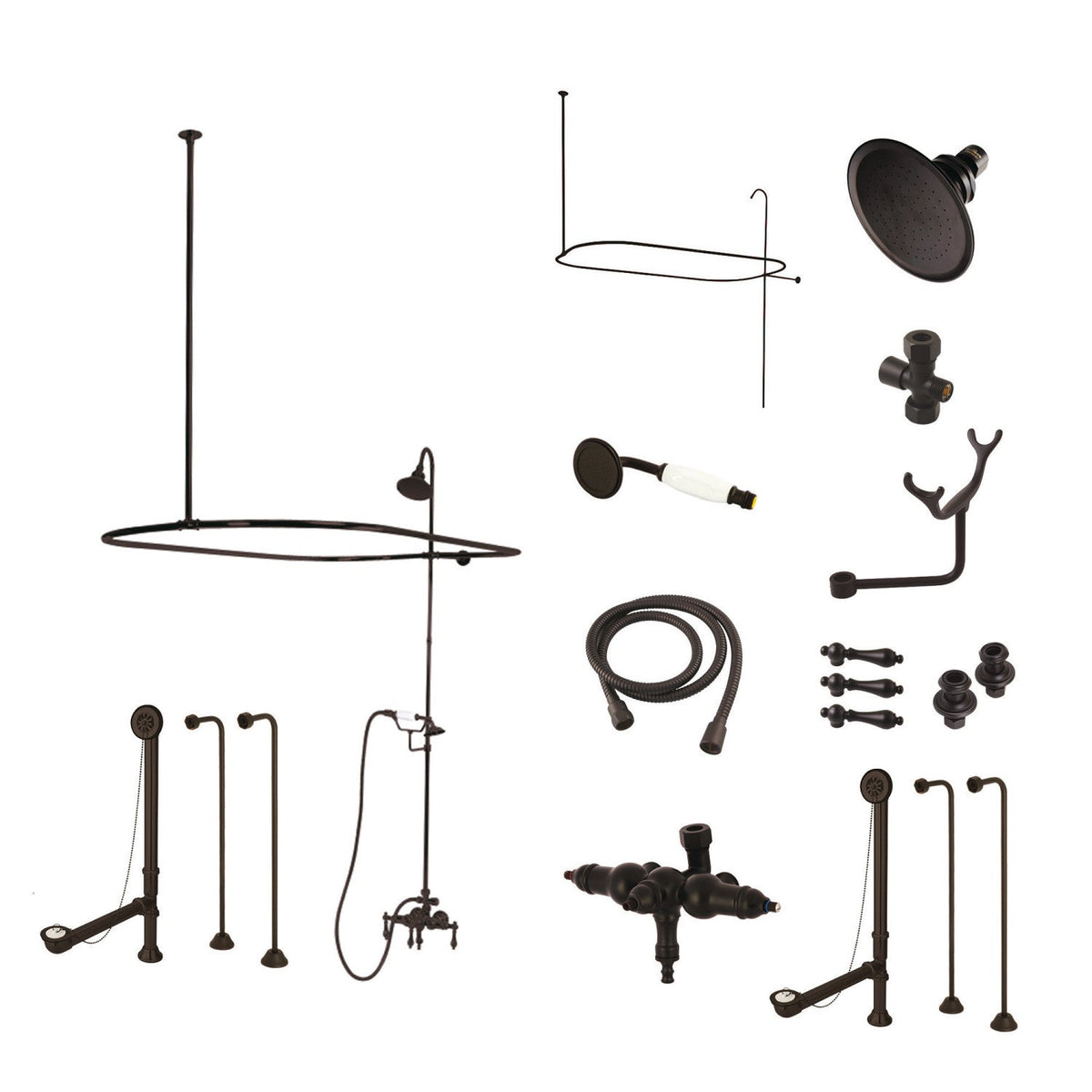 Vintage Tub Wall Mount Down Spout Clawfoot Tub Faucet Package with Shower Enclosure and Hand Shower in Oil Rubbed Bronze