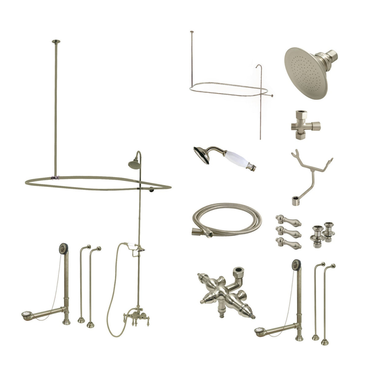 Vintage Tub Wall Mount Down Spout Clawfoot Tub Faucet Package with Shower Enclosure and Hand Shower in Brushed Nickel