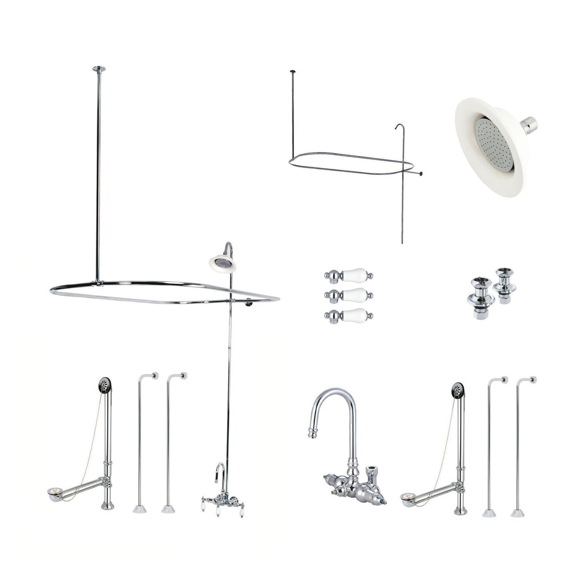 Vintage Tub Wall Mount Gooseneck Clawfoot Tub Faucet Package with Shower Enclosure in Polished Chrome