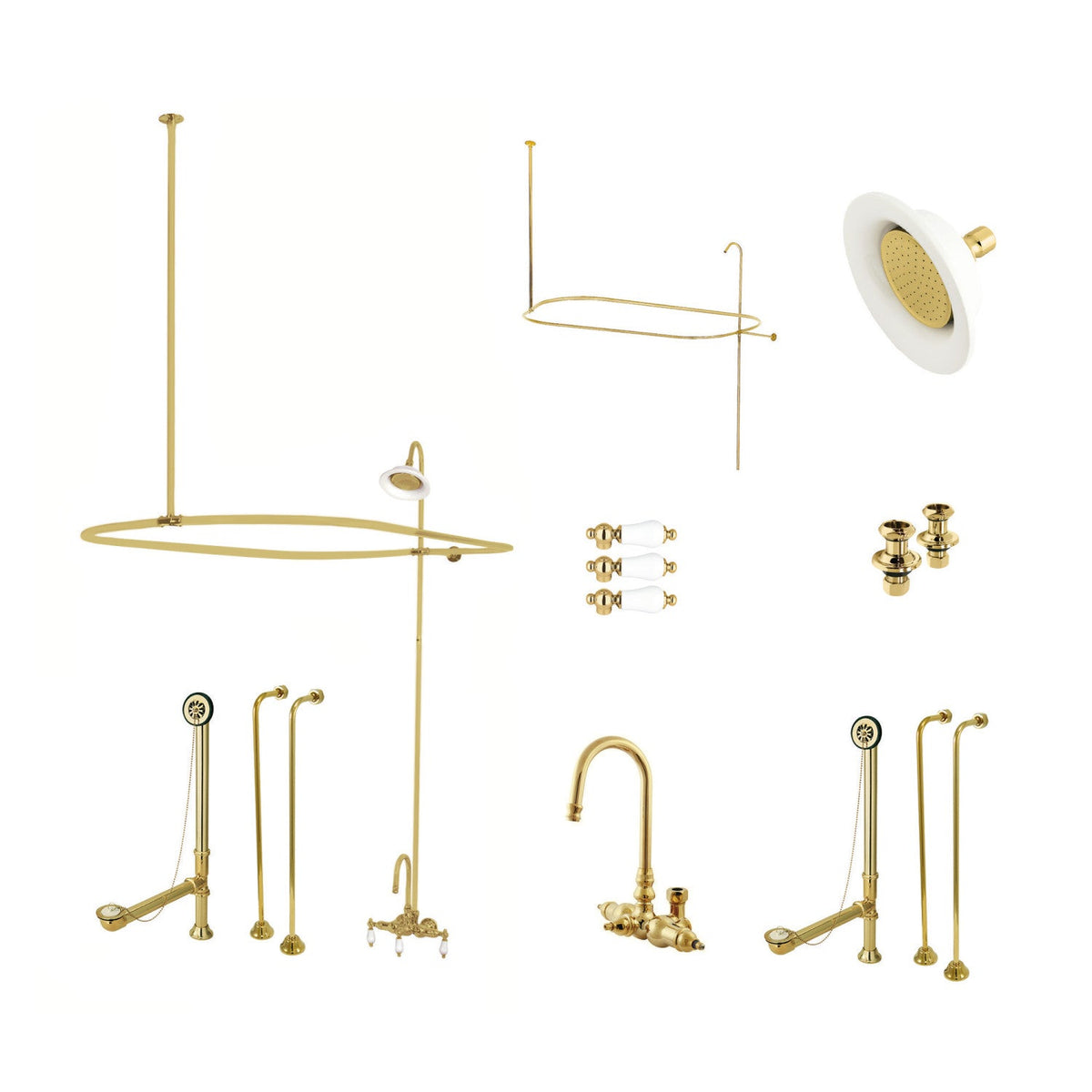 Vintage Tub Wall Mount Gooseneck Clawfoot Tub Faucet Package with Shower Enclosure in Polished Brass