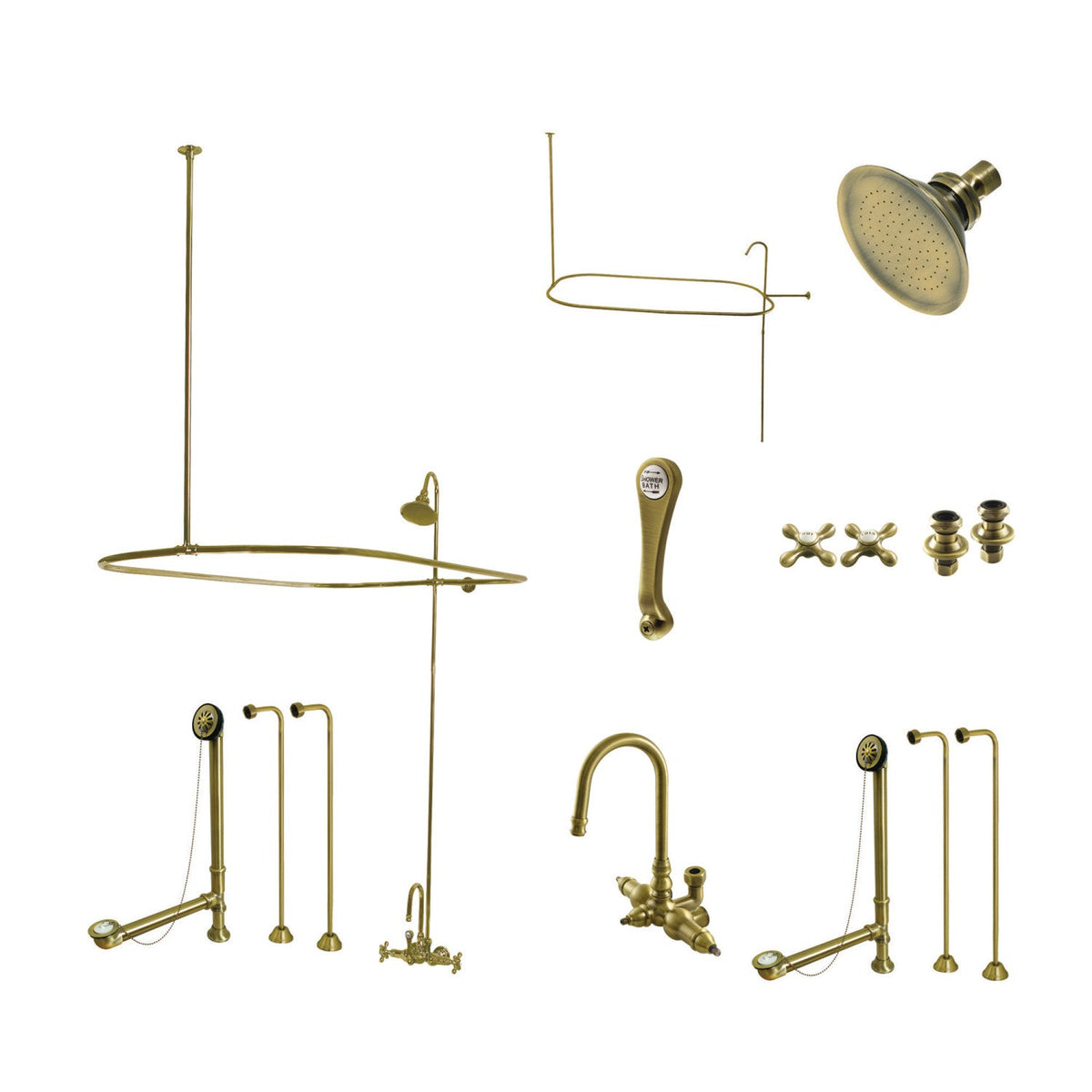 Vintage Tub Wall Mount Clawfoot Tub Faucet Package with Shower Enclosure in Antique Brass