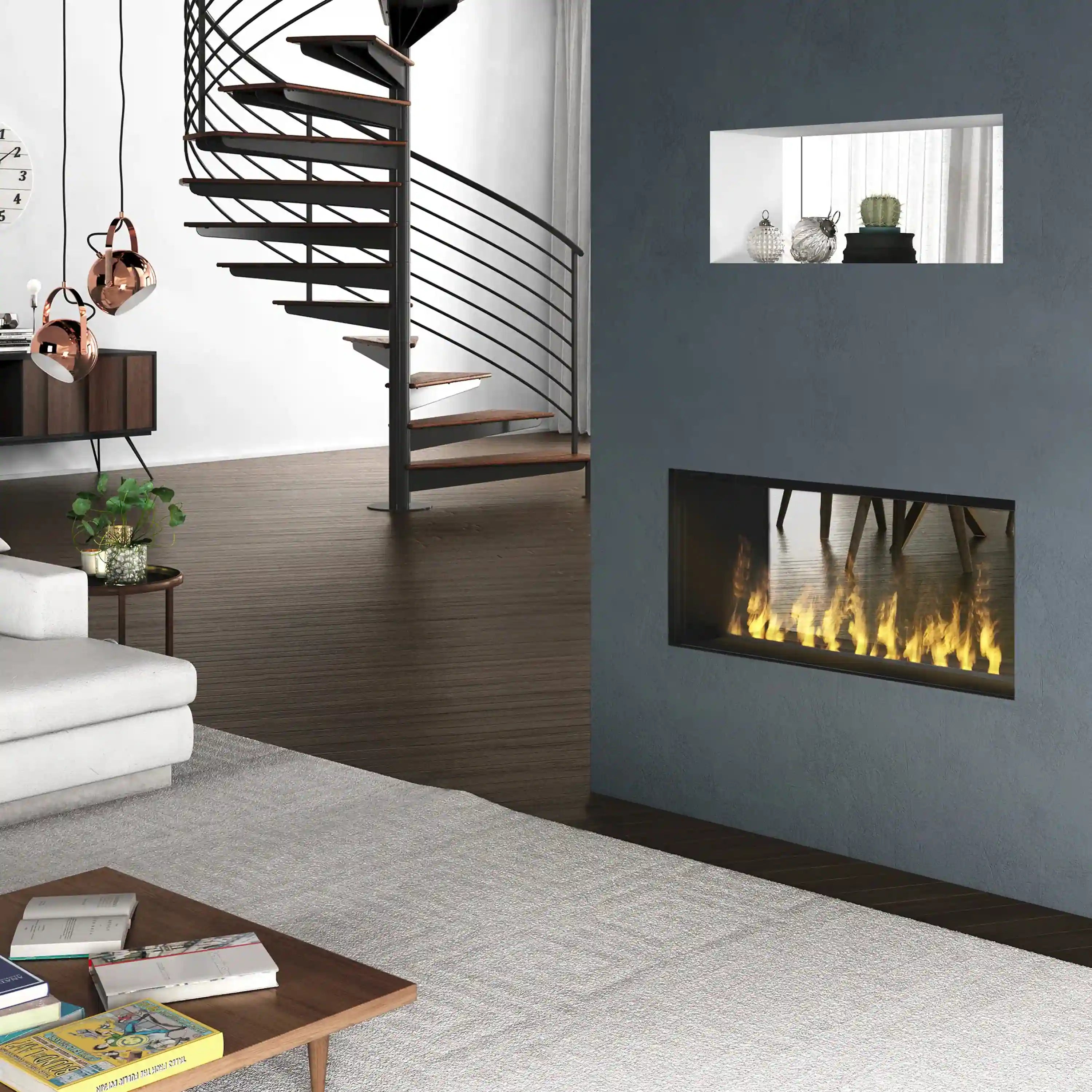 Wall-mounted firebox insert with black frame and flame effect in a modern living space