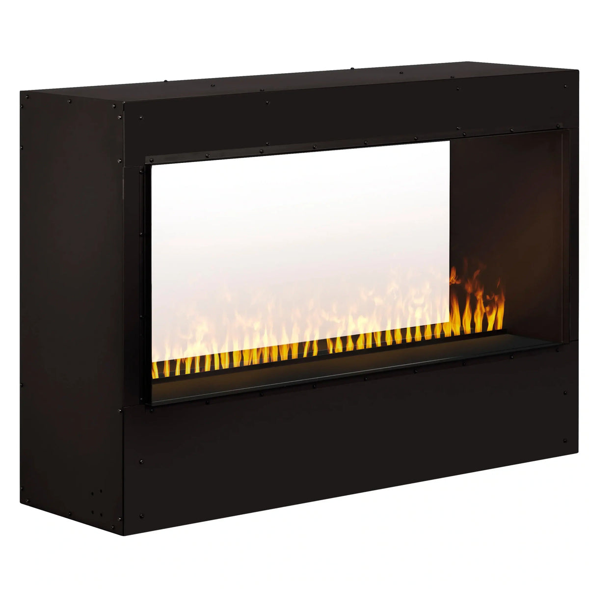 Black built-in firebox insert with flame effect, front angled view against white