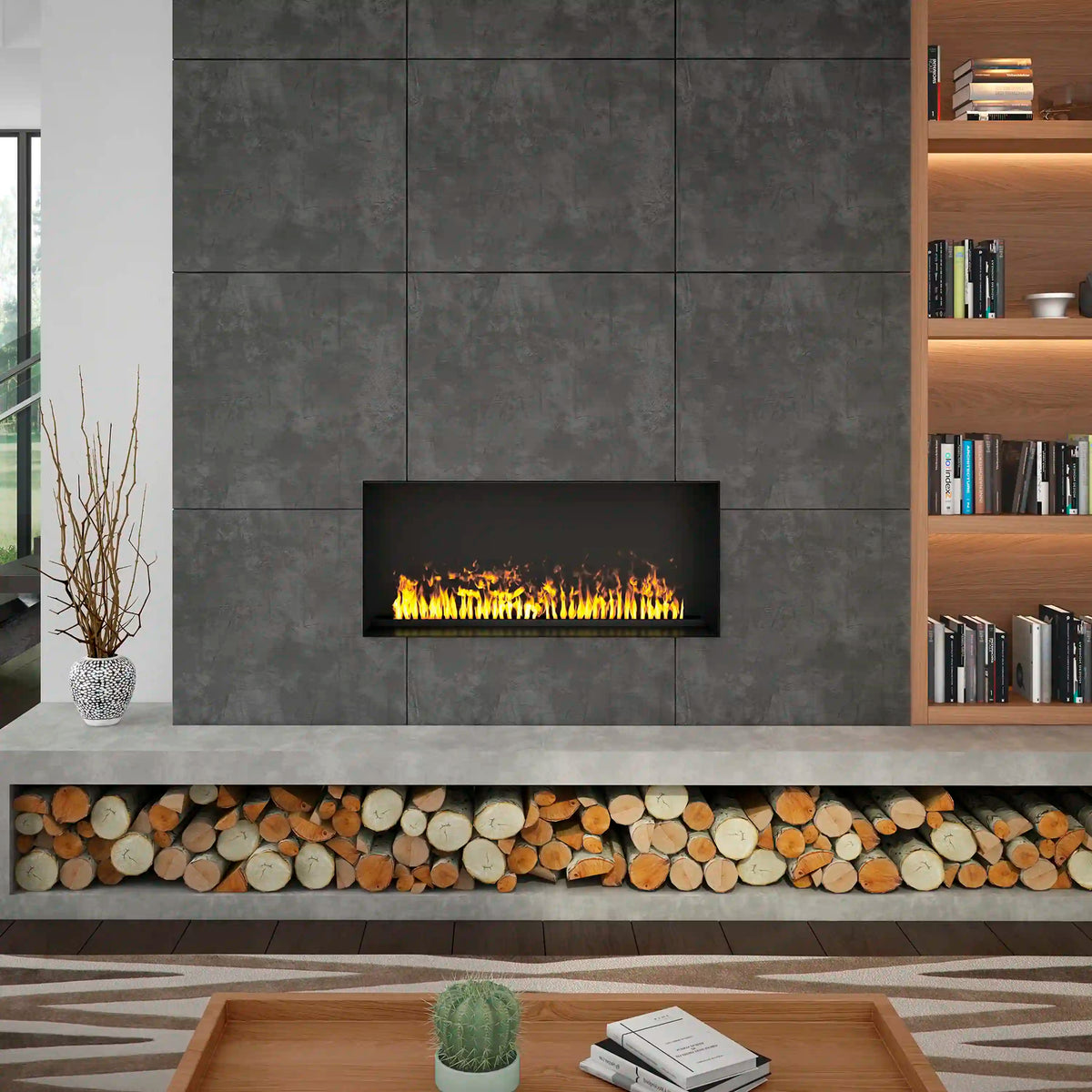 Built-in firebox insert with black frame and flame effect, wall-mounted in living room