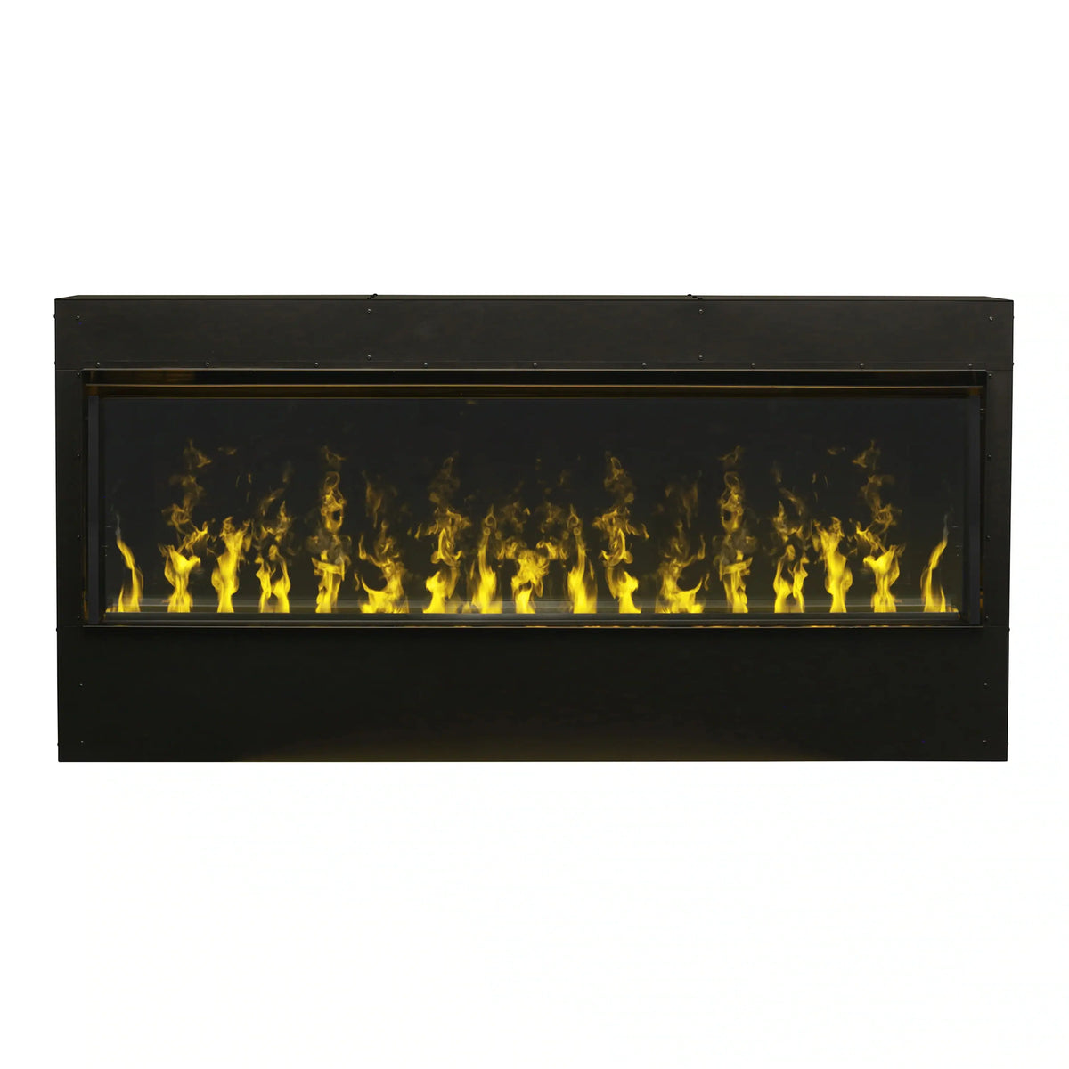 Built-in electric firebox with visible flame effect, black glass front