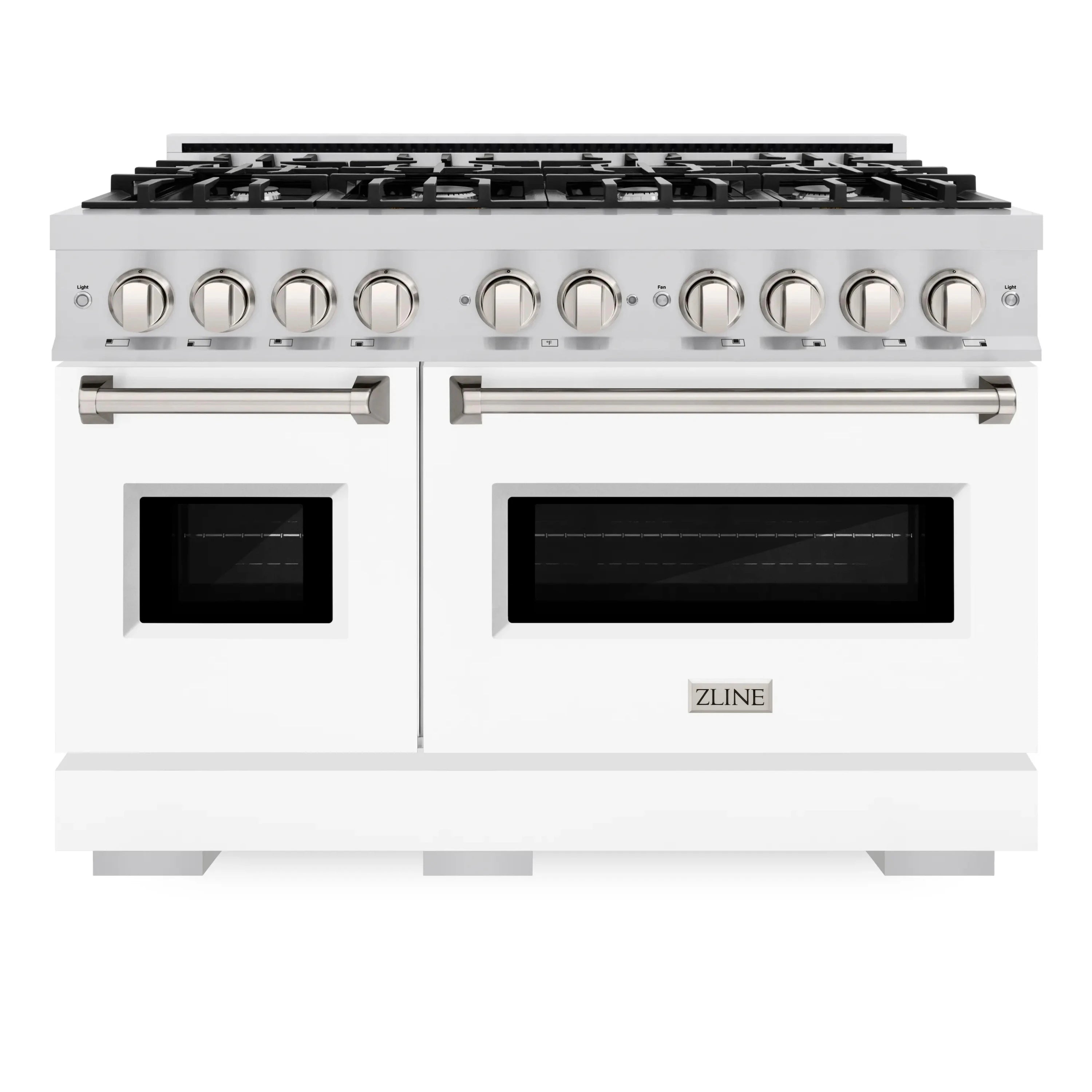 White matte dual-fuel range with six burner knobs, two ovens, and black cooktop grates