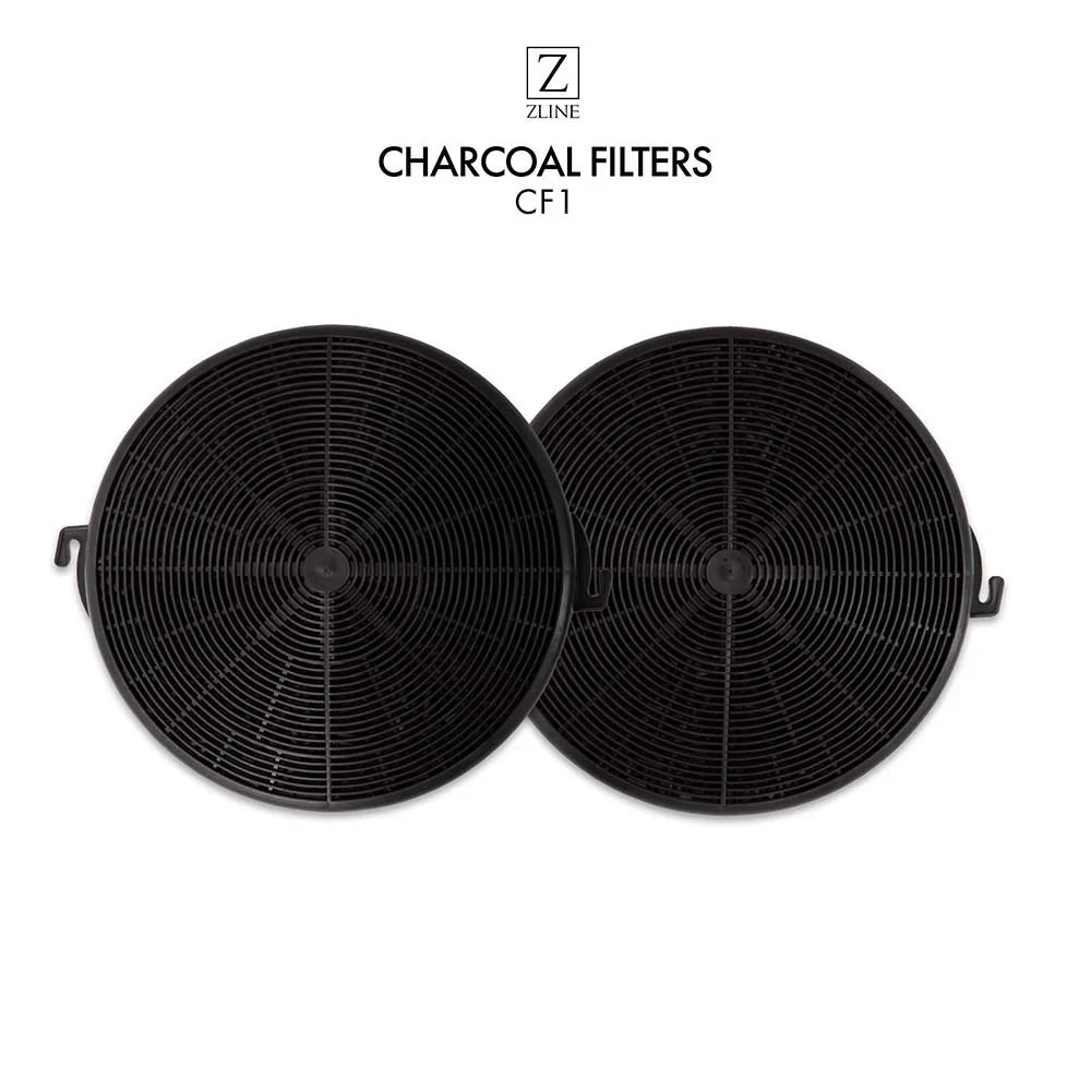 Pair of round charcoal range hood filters with black wire mesh discs