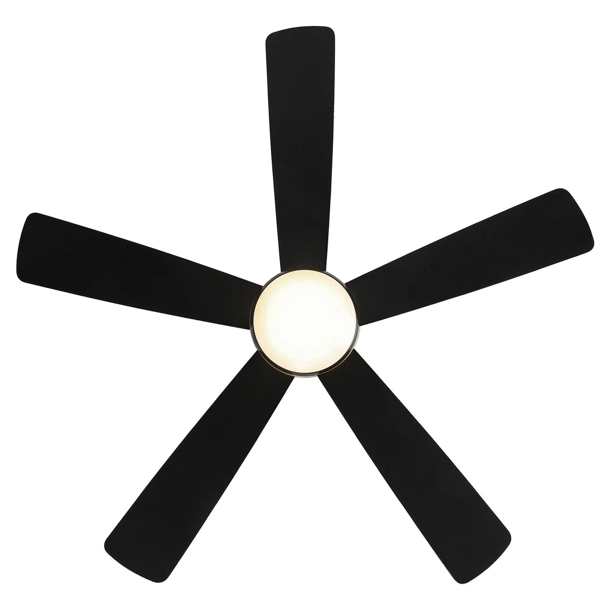 Black 5-blade industrial ceiling fan with frosted LED light globe
