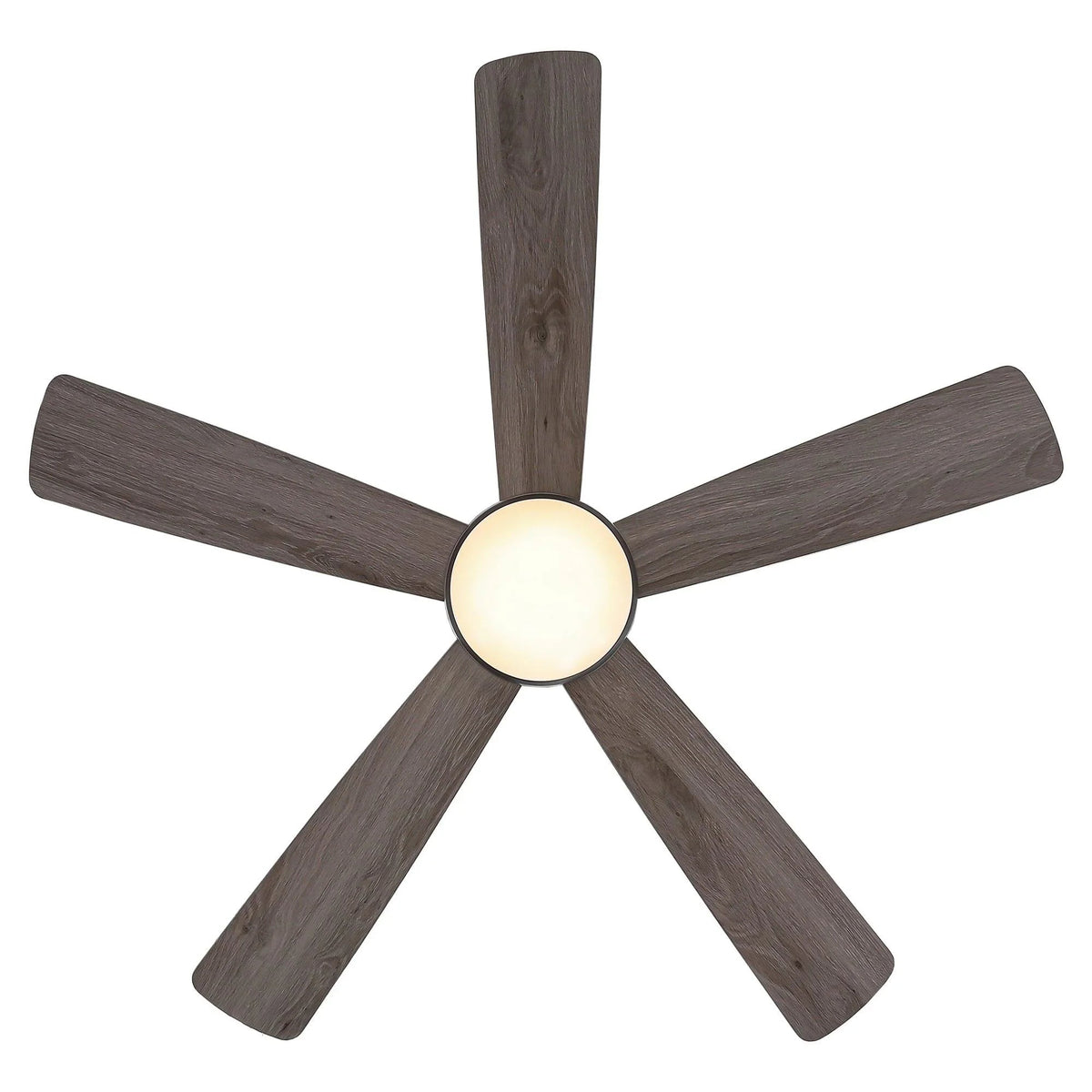 Industrial ceiling fan with five dark gray wood-look blades and frosted LED light