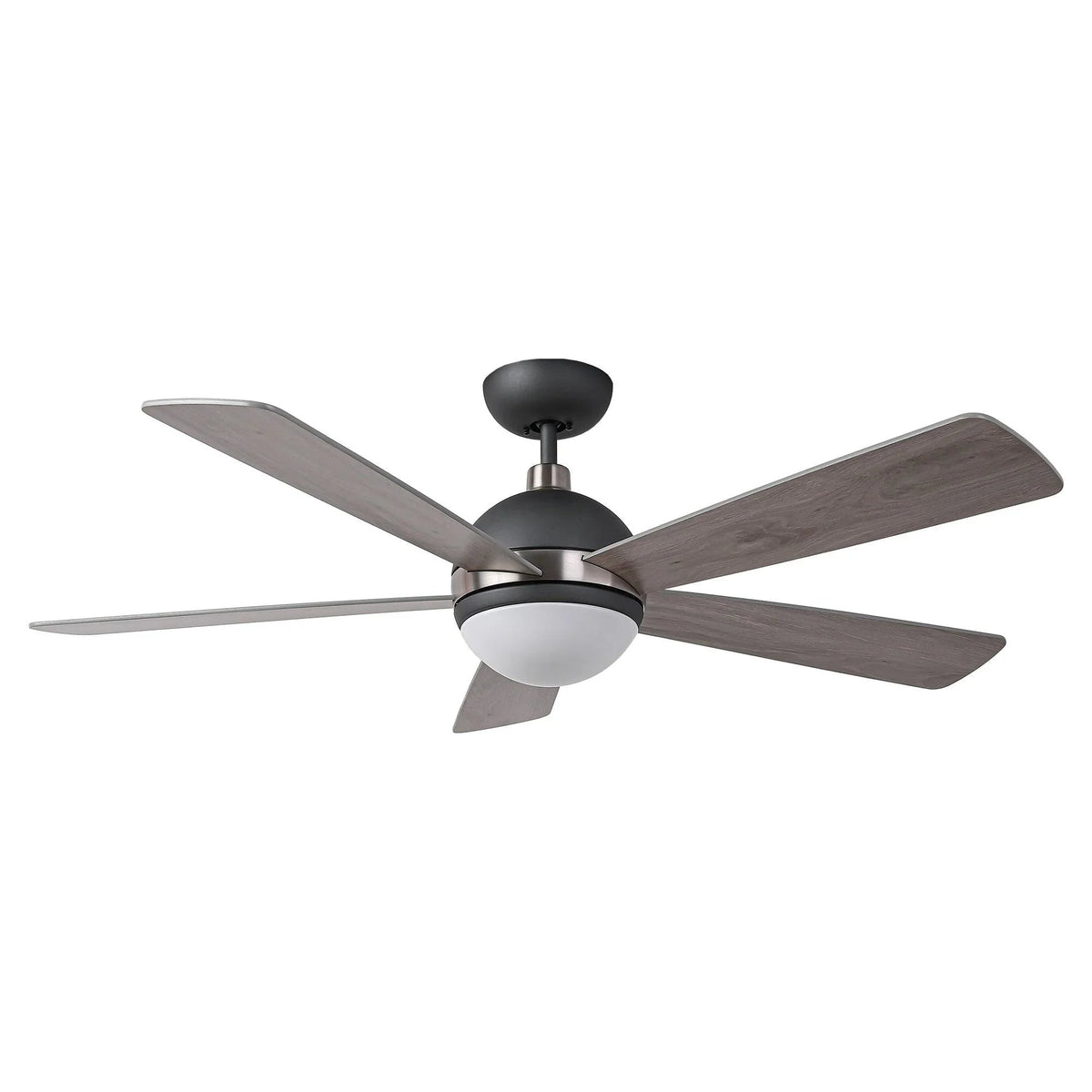 Gray 5-blade ceiling fan with frosted LED light globe and black motor housing