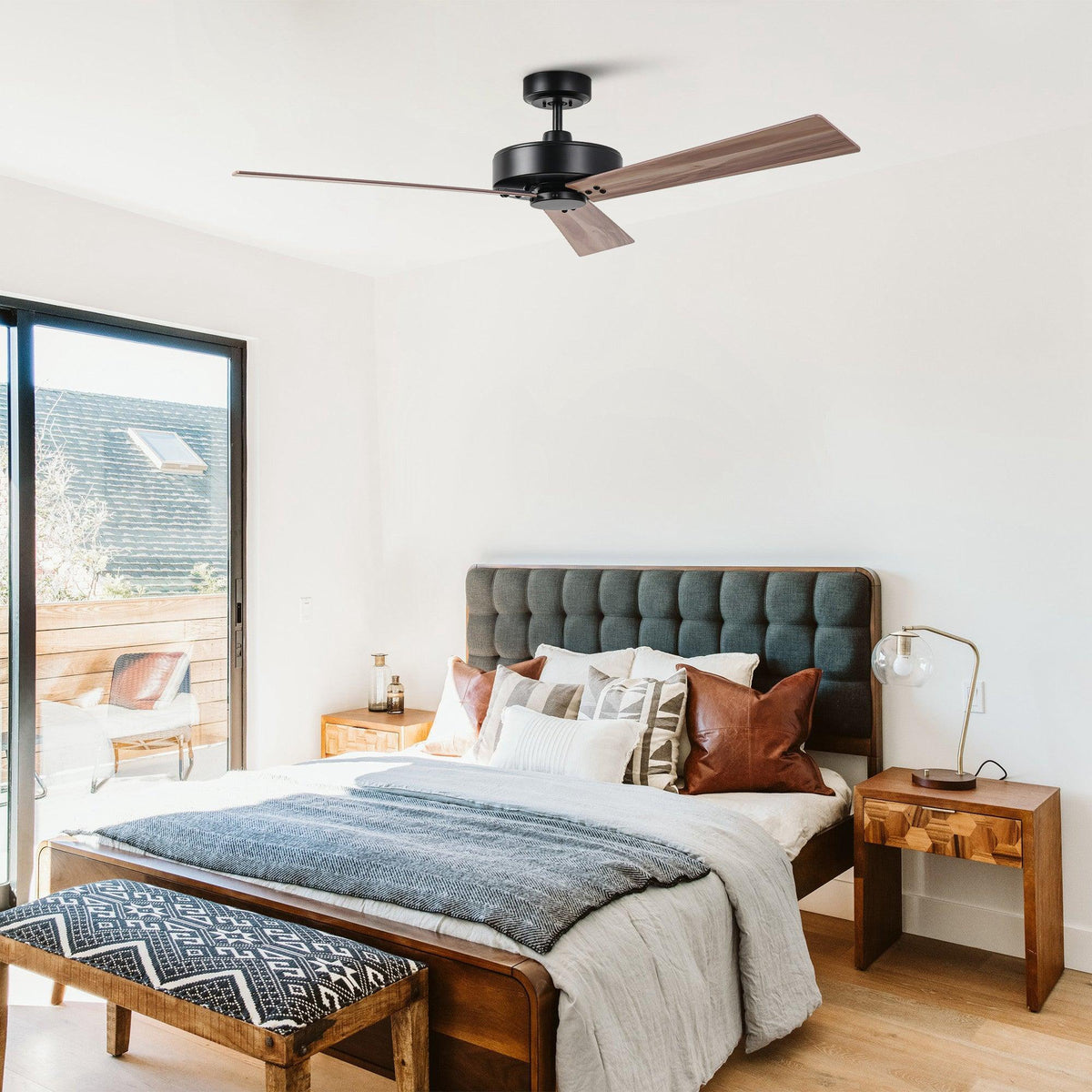 52-inch ceiling fan with black motor and three wood-look blades