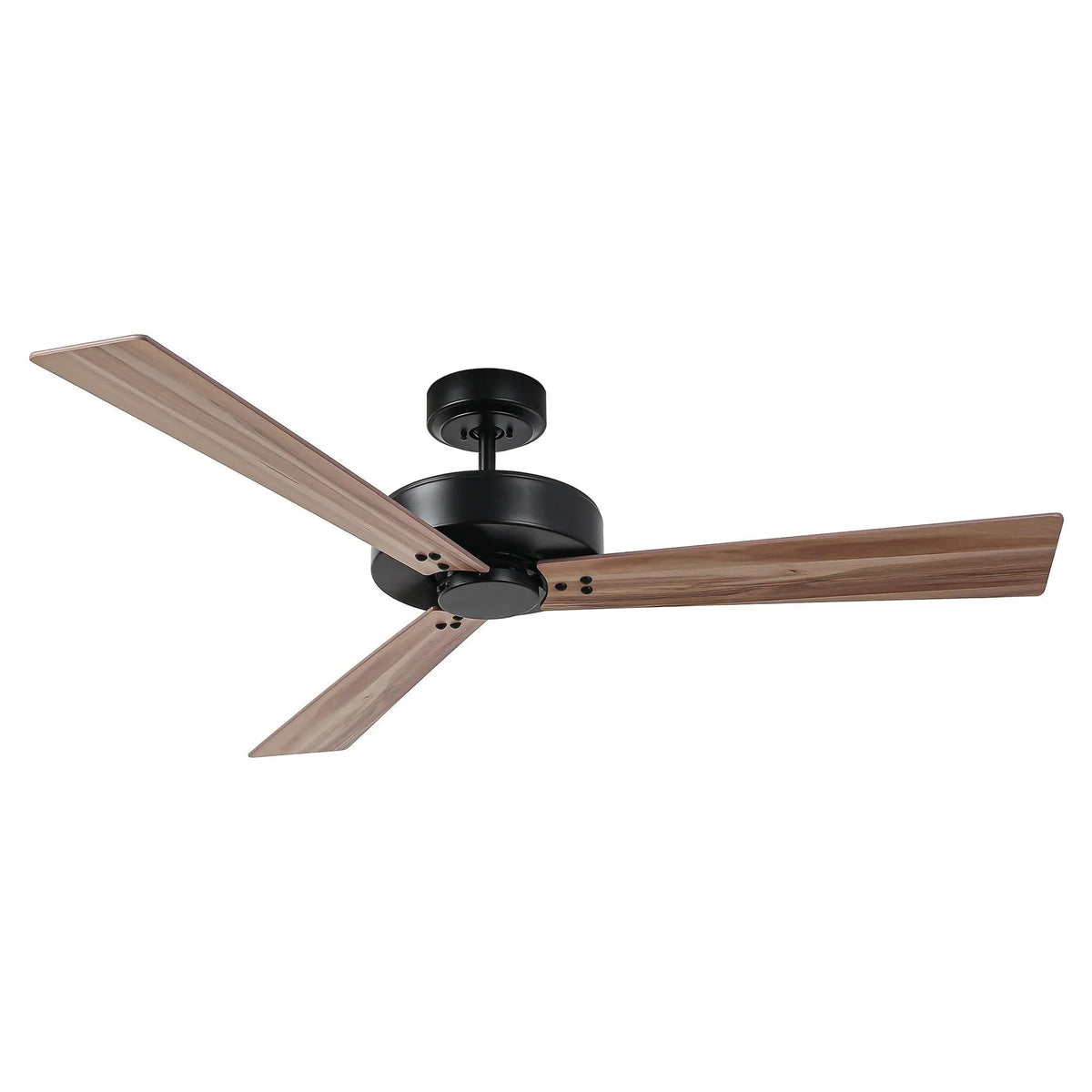 Black ceiling fan with five wood-tone blades and round motor canopy