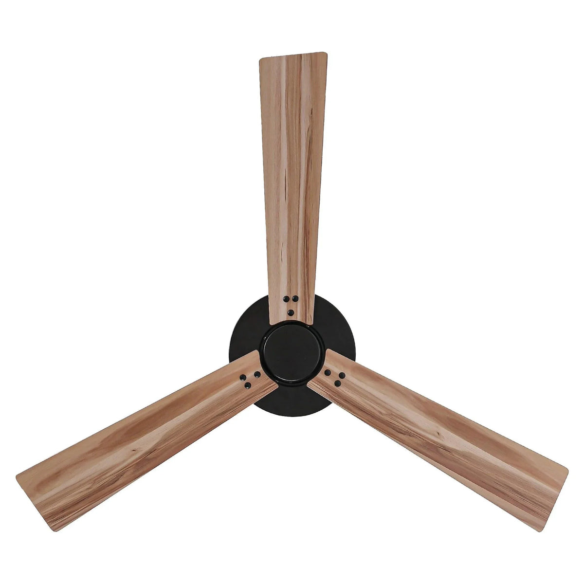Light wood ceiling fan with 4 blades and black motor hub