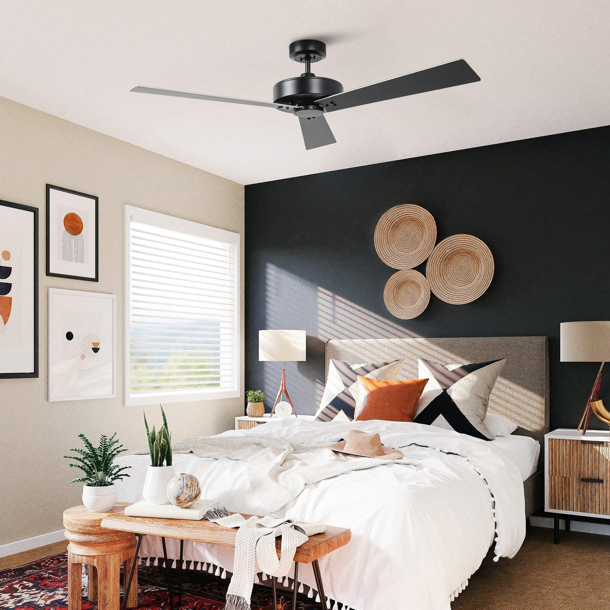 Black 52-inch ceiling fan with five blades installed on the ceiling