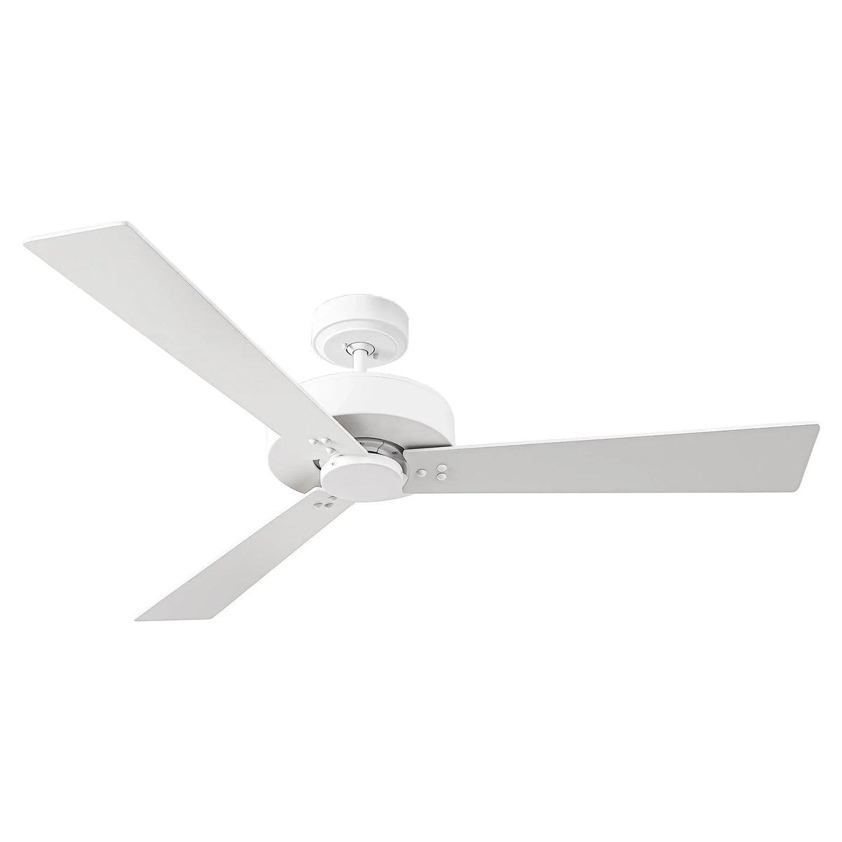 White ceiling fan with 4 blades and flush-mount motor housing