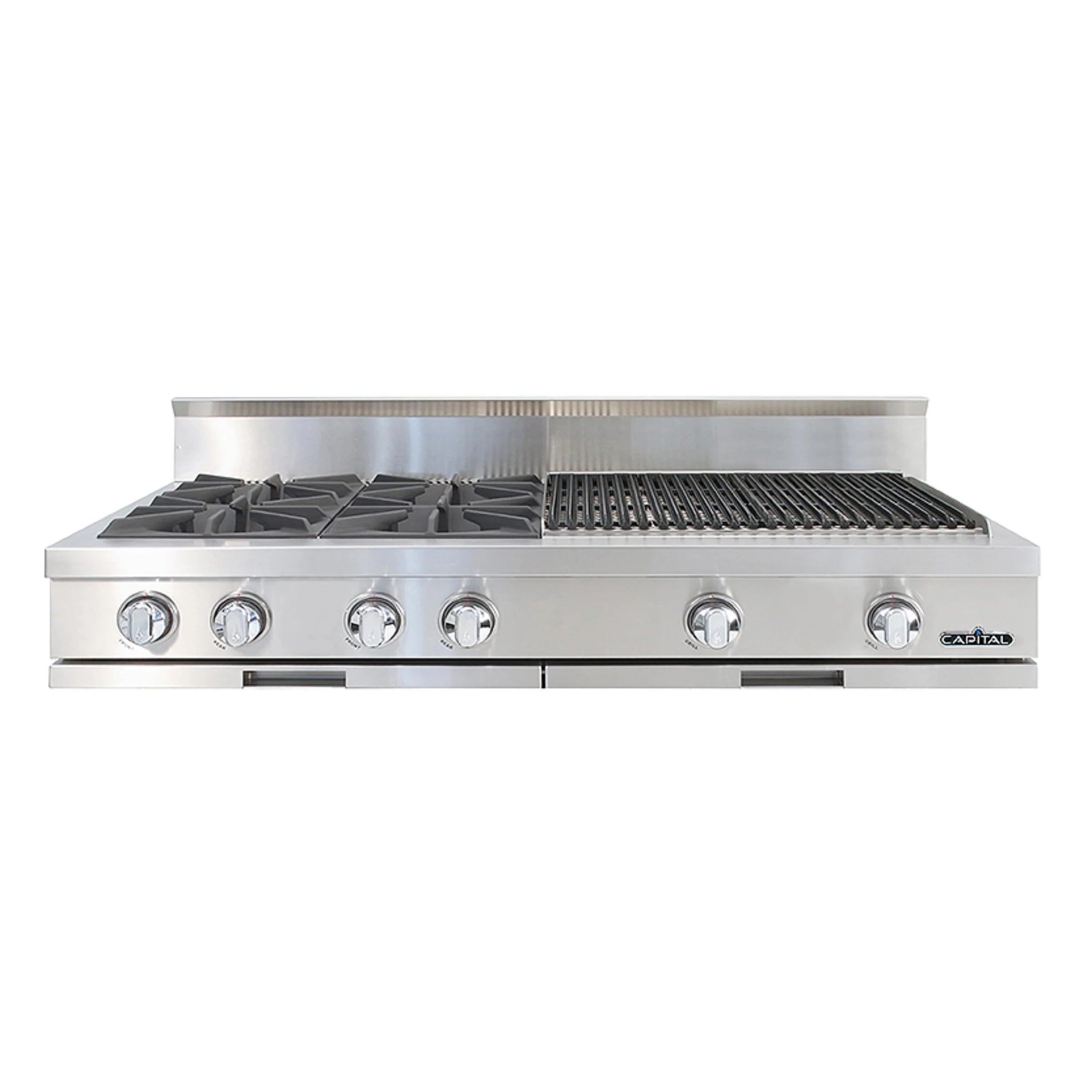 Stainless steel 4-burner rangetop with griddle and control knobs