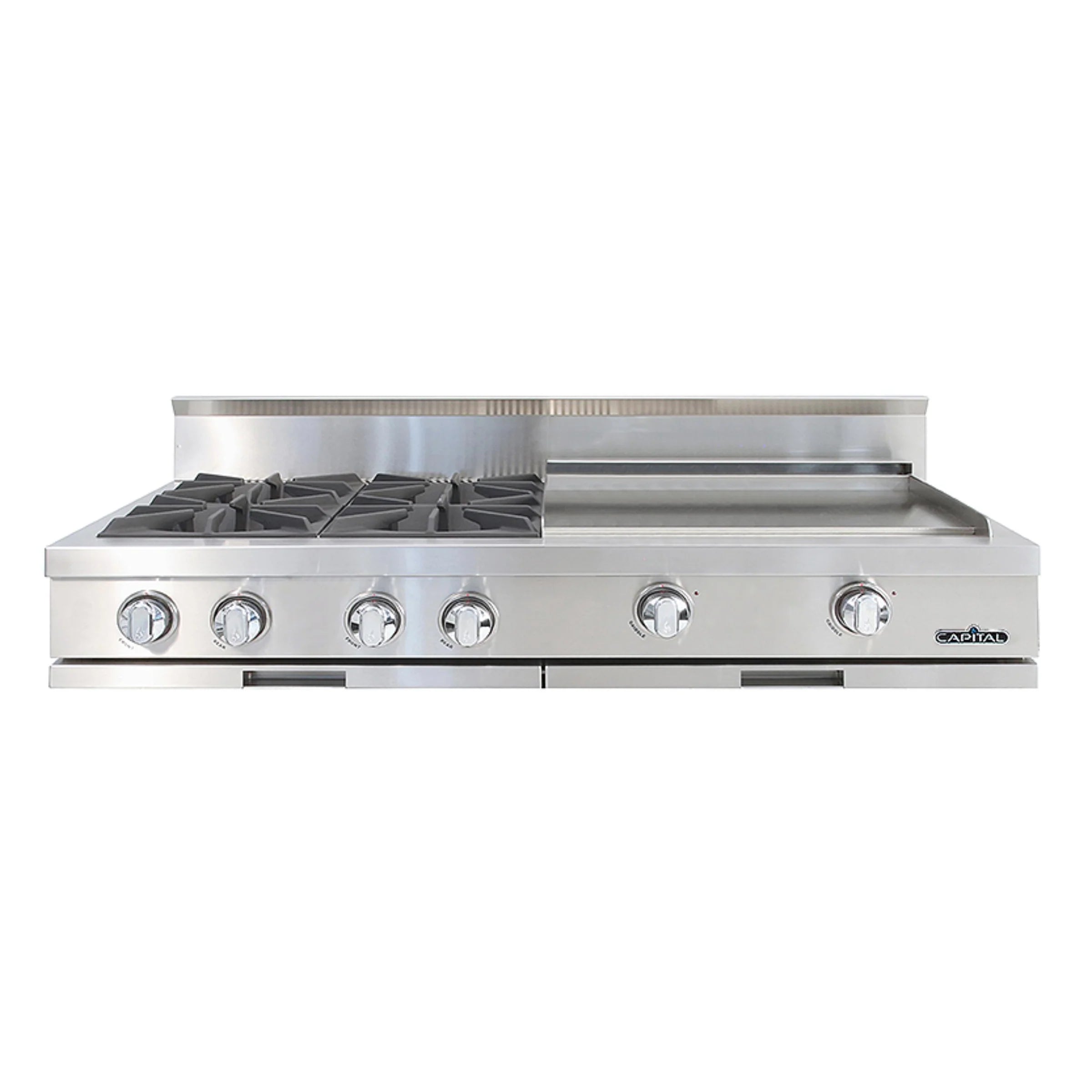 Stainless steel gas rangetop with four burner grates and control knobs
